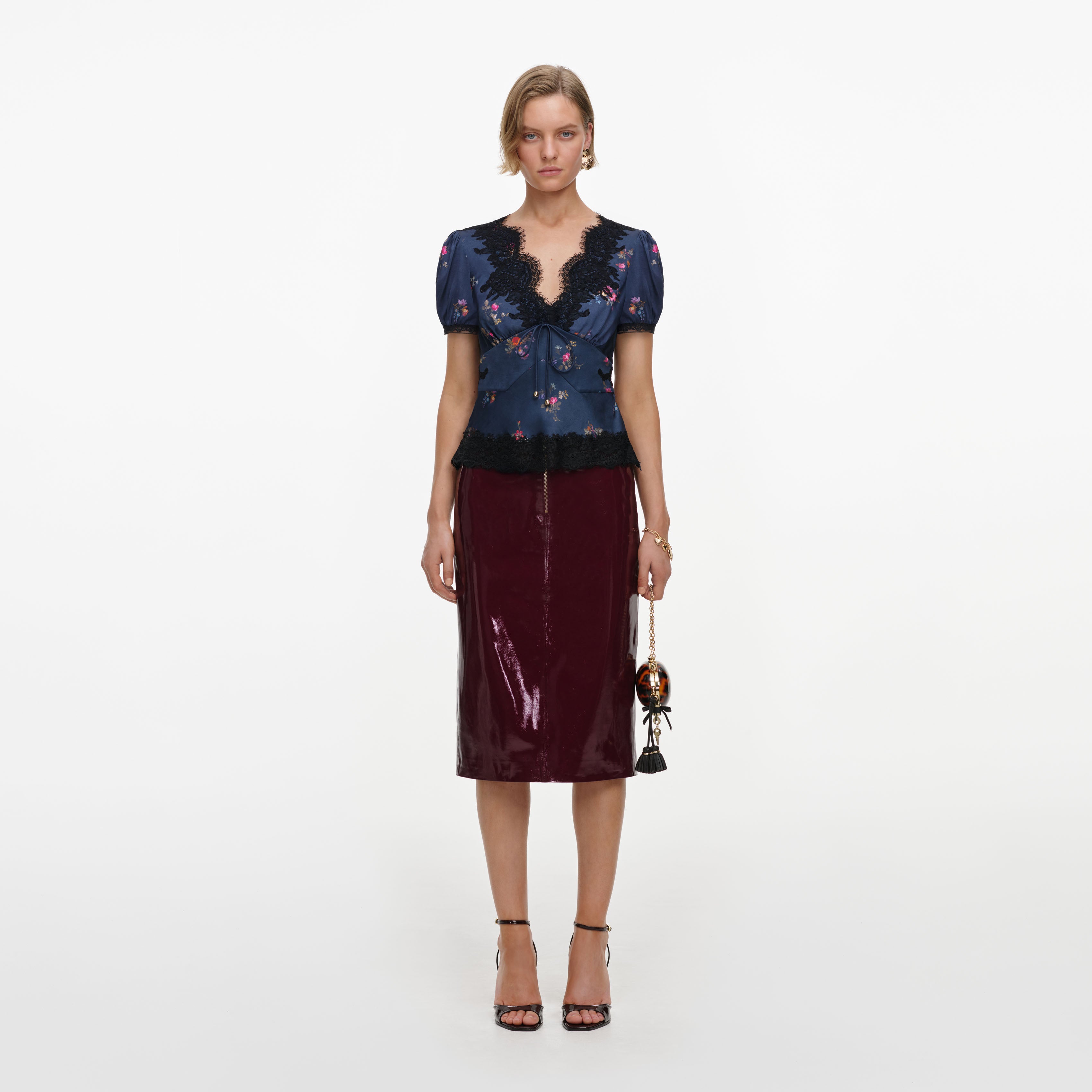 Self Portrait Navy Satin Printed Lace Top