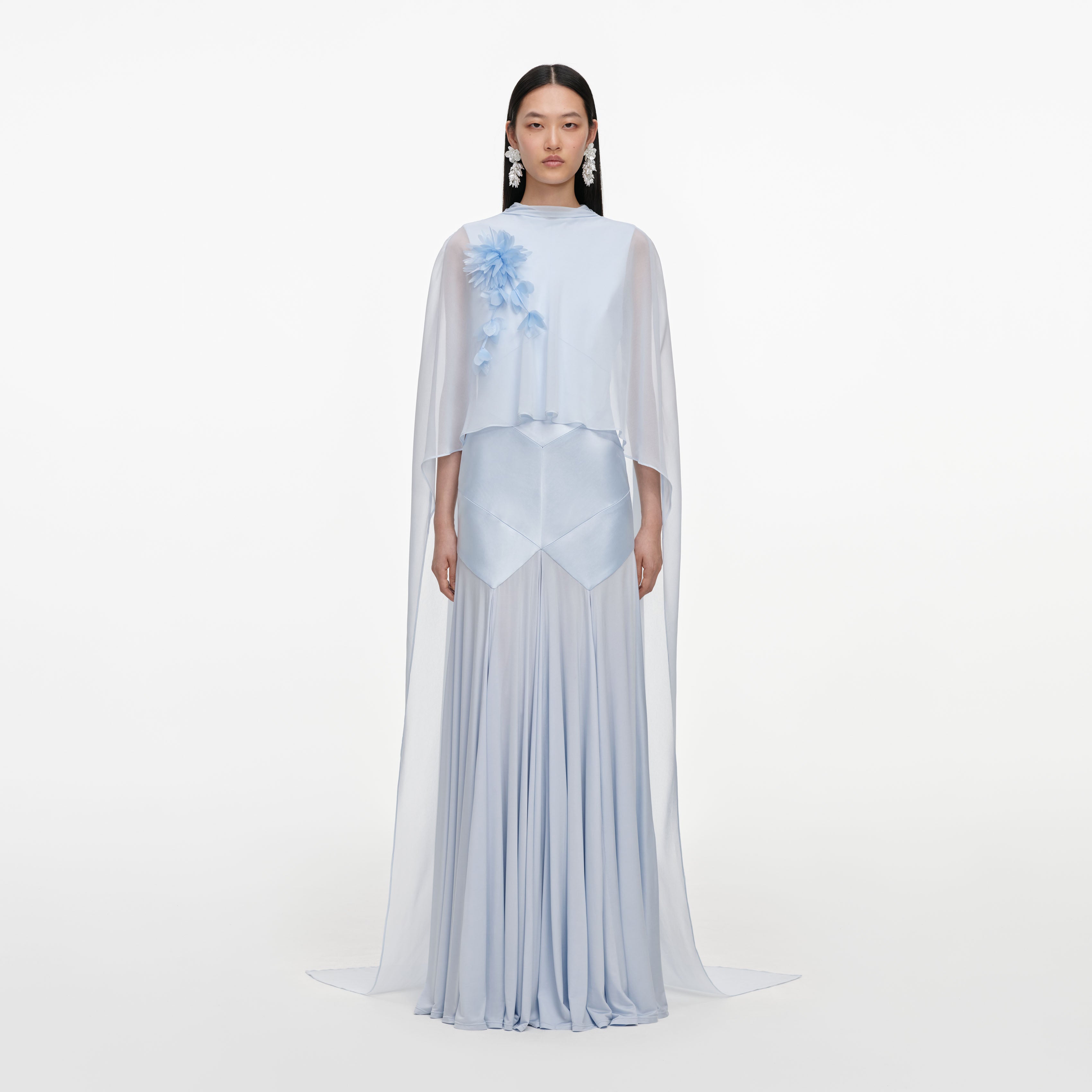 Self Portrait Blue Satin Jersey Cape Maxi Dress