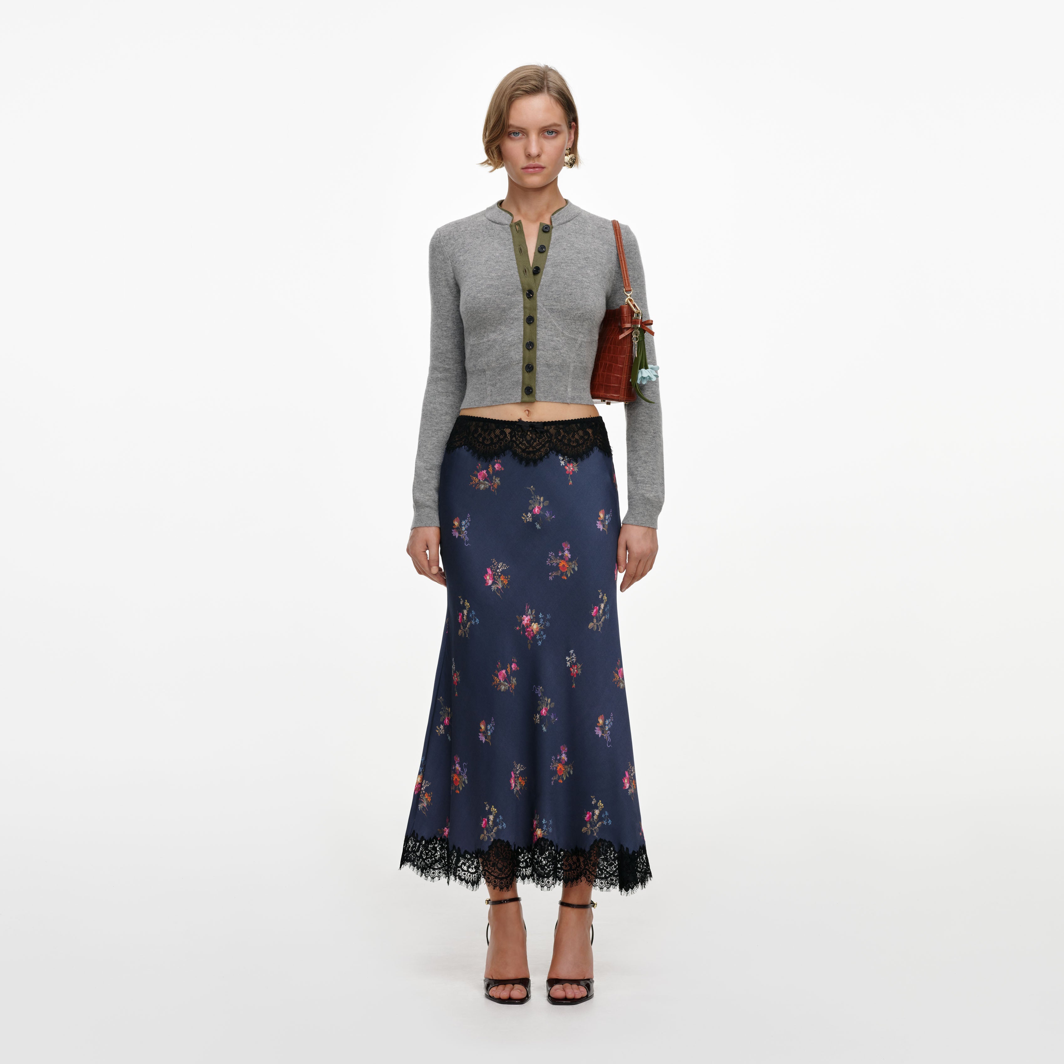Self Portrait Navy Satin Printed Lace Midi Skirt
