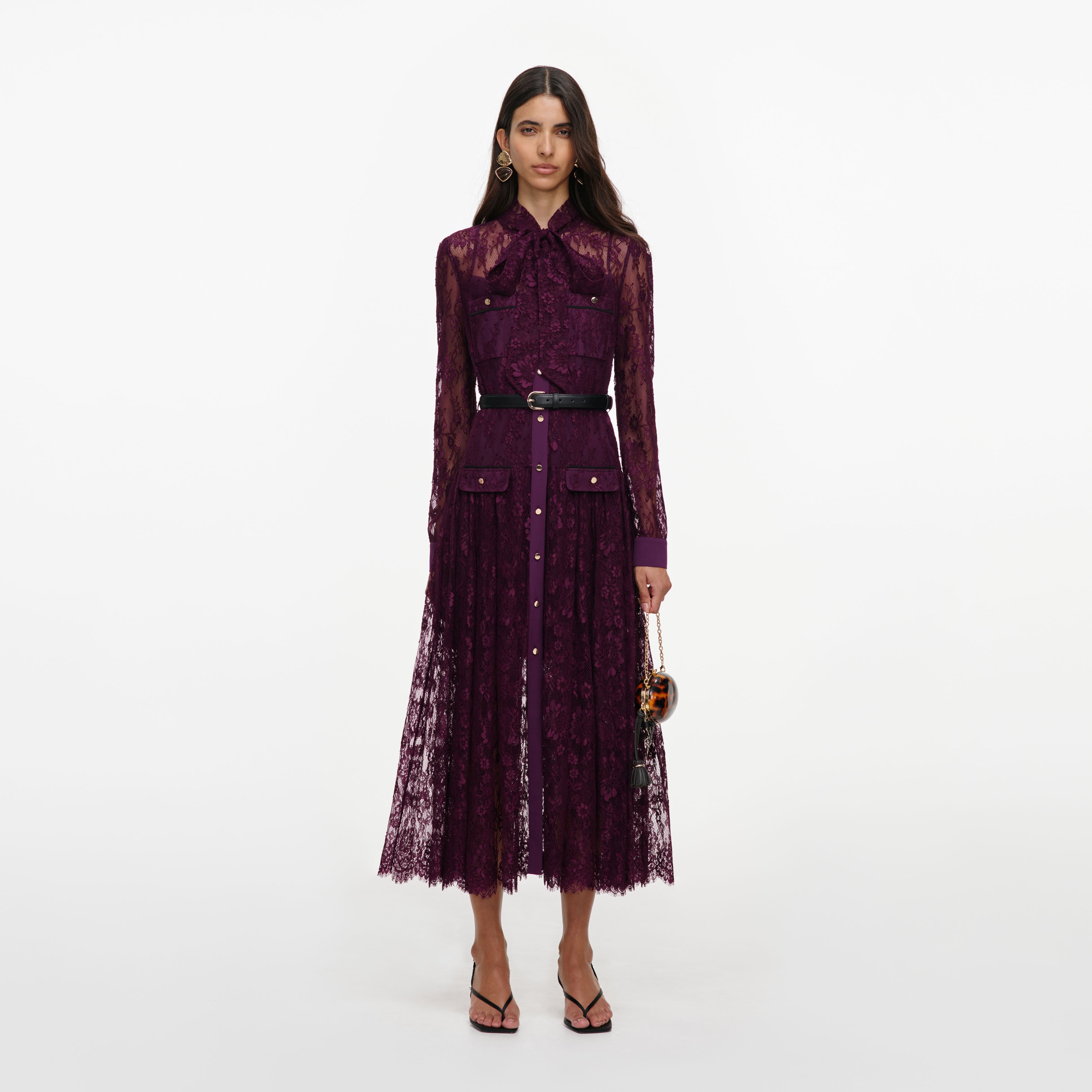 Self Portrait Purple Lace Tie Neck Midi Dress