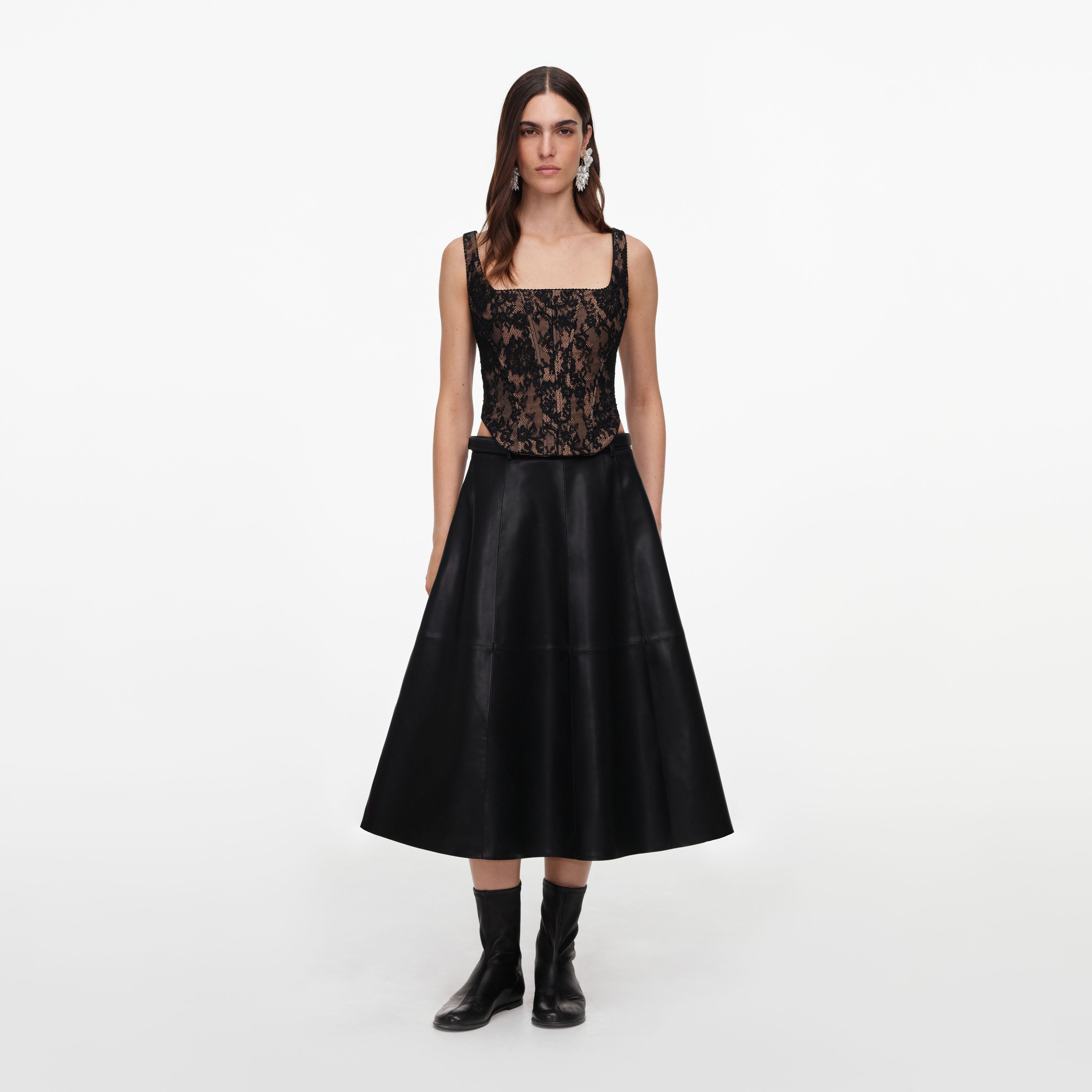 Self Portrait Black Faux Leather Midi Skirt