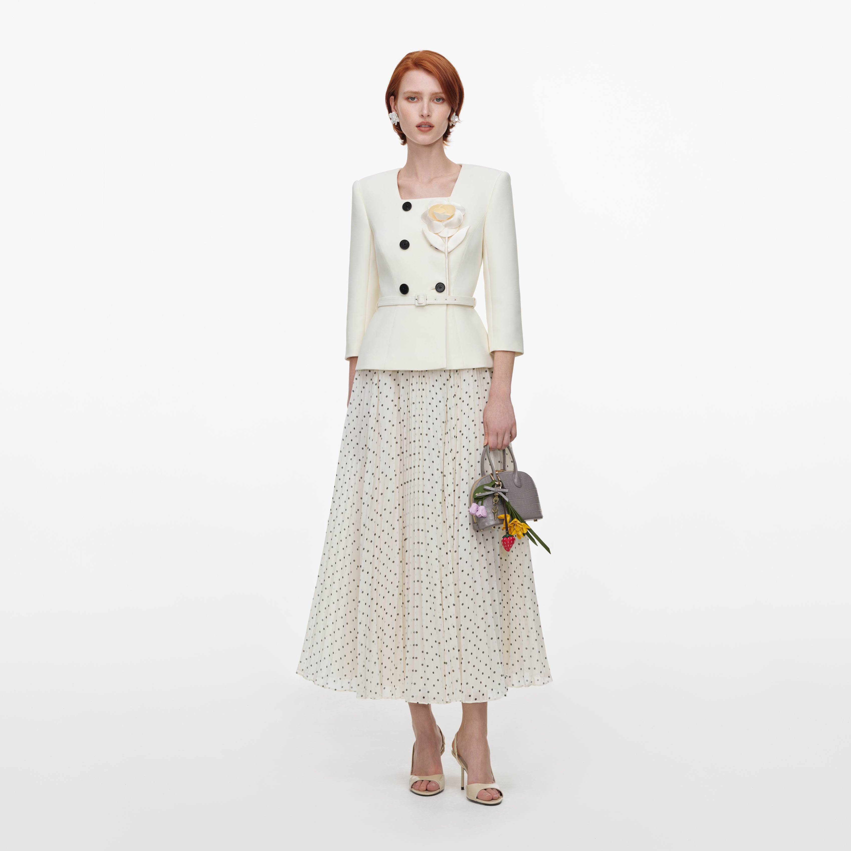 Self Portrait Cream 3D Flower Polka Dot Chiffon Midi Dress
