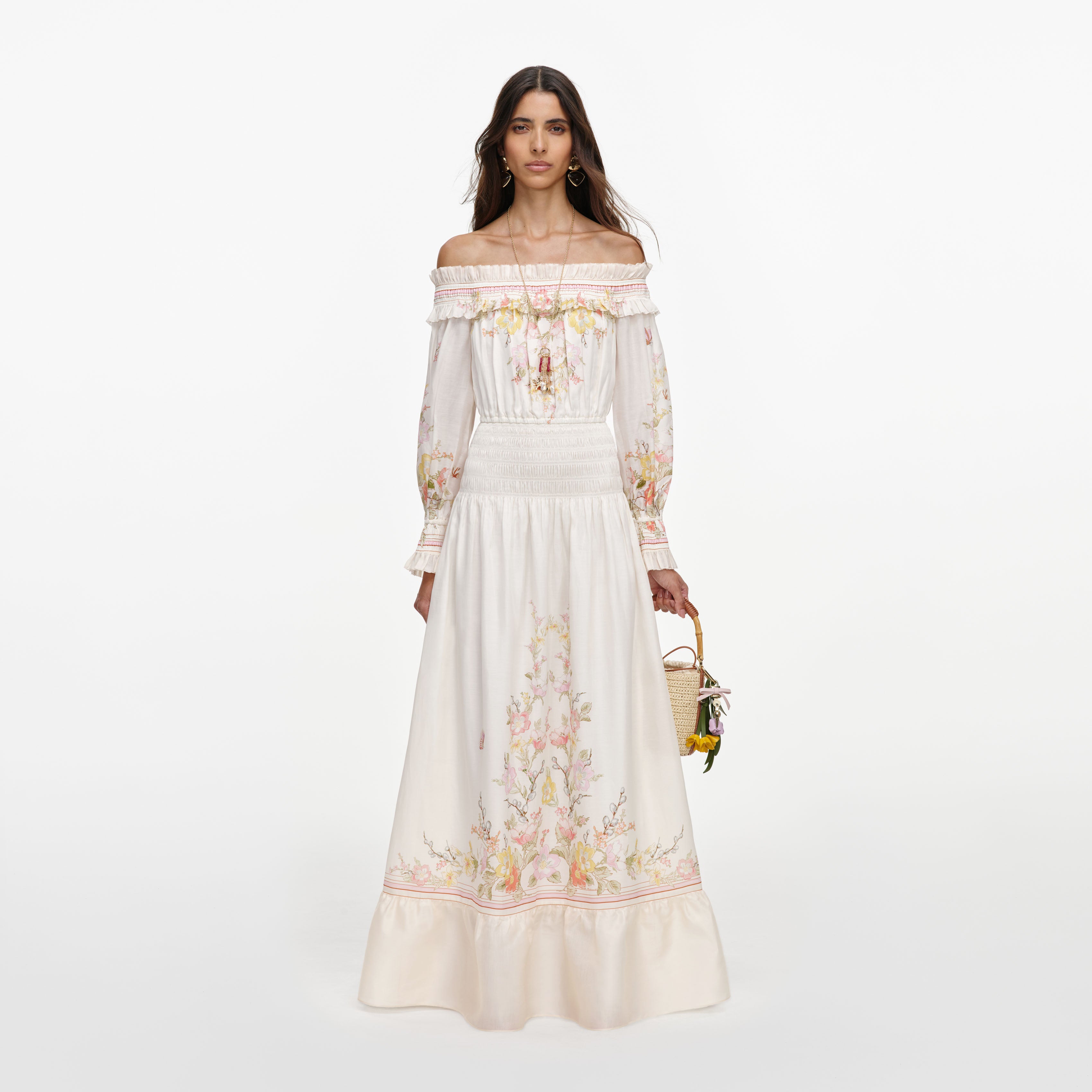 Self Portrait Cream Floral Organza Ruffle Maxi Dress