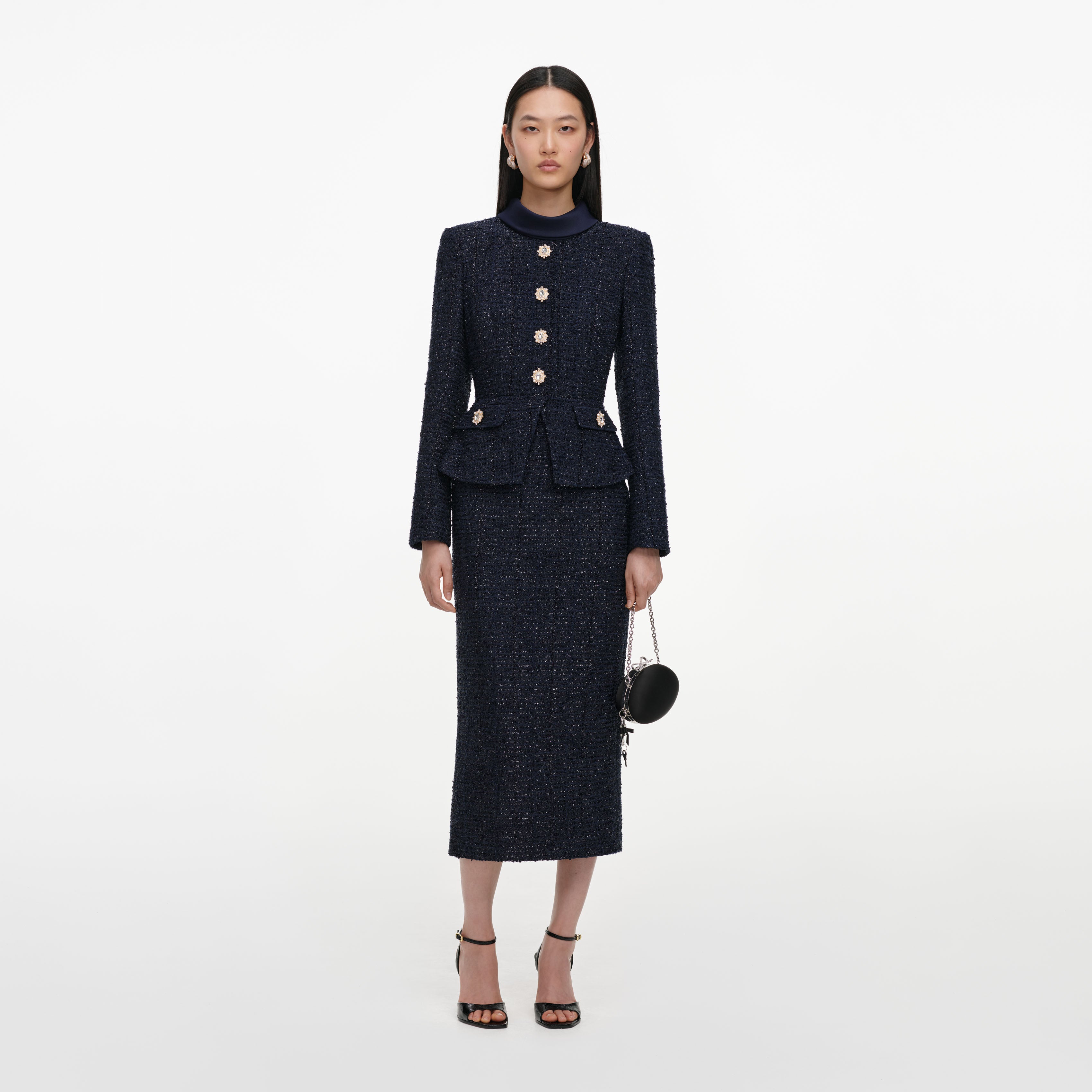 Self Portrait Navy Boucle Tailored Midi Dress