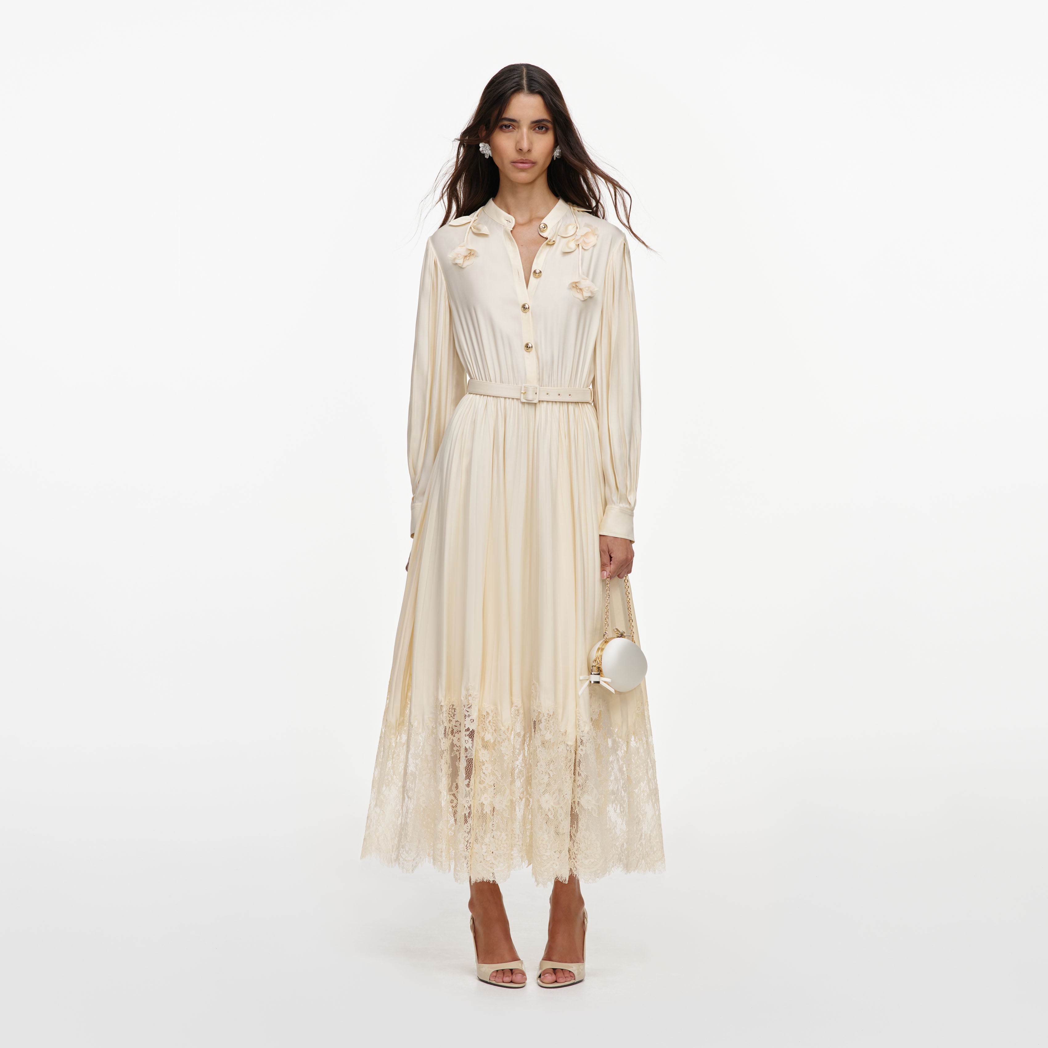 Self Portrait Yellow Viscose Lace Pleated Midi Dress