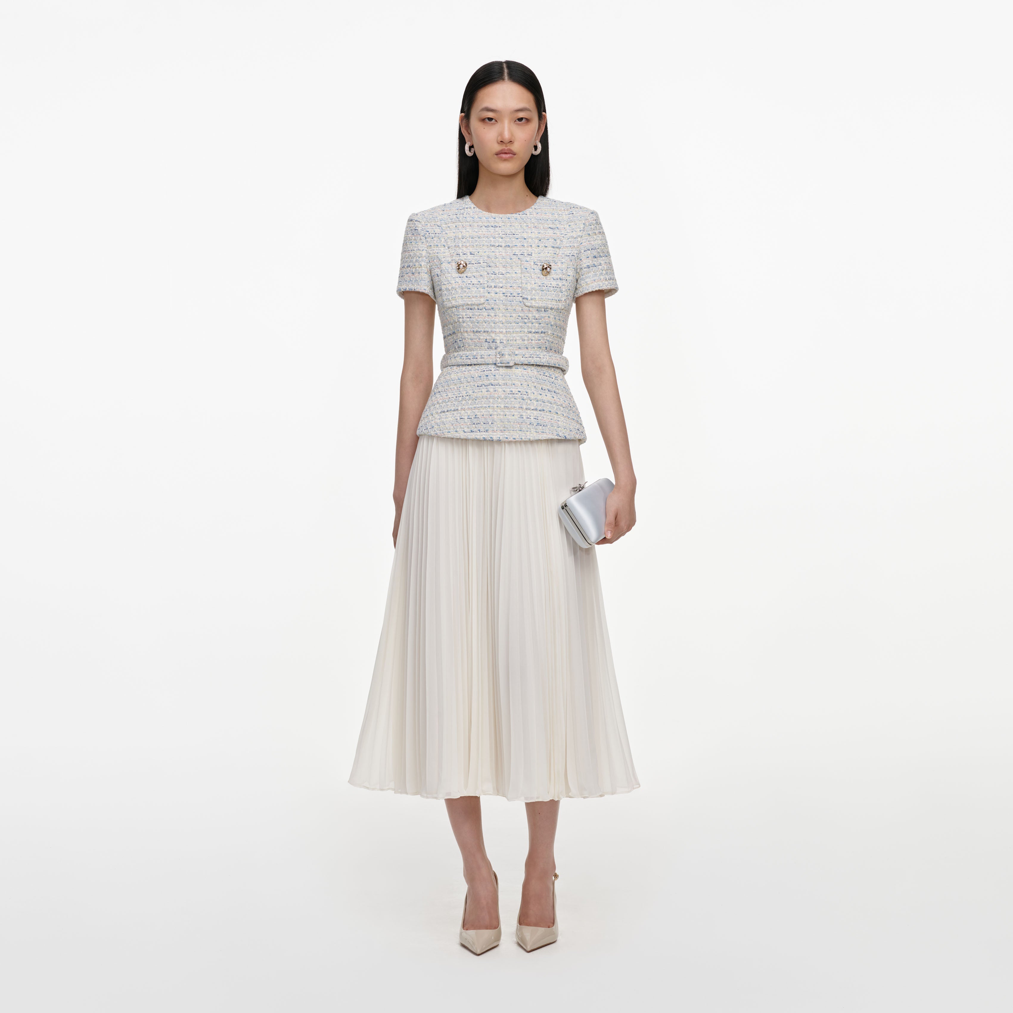 Self Portrait Blue Boucle Chiffon Midi Dress