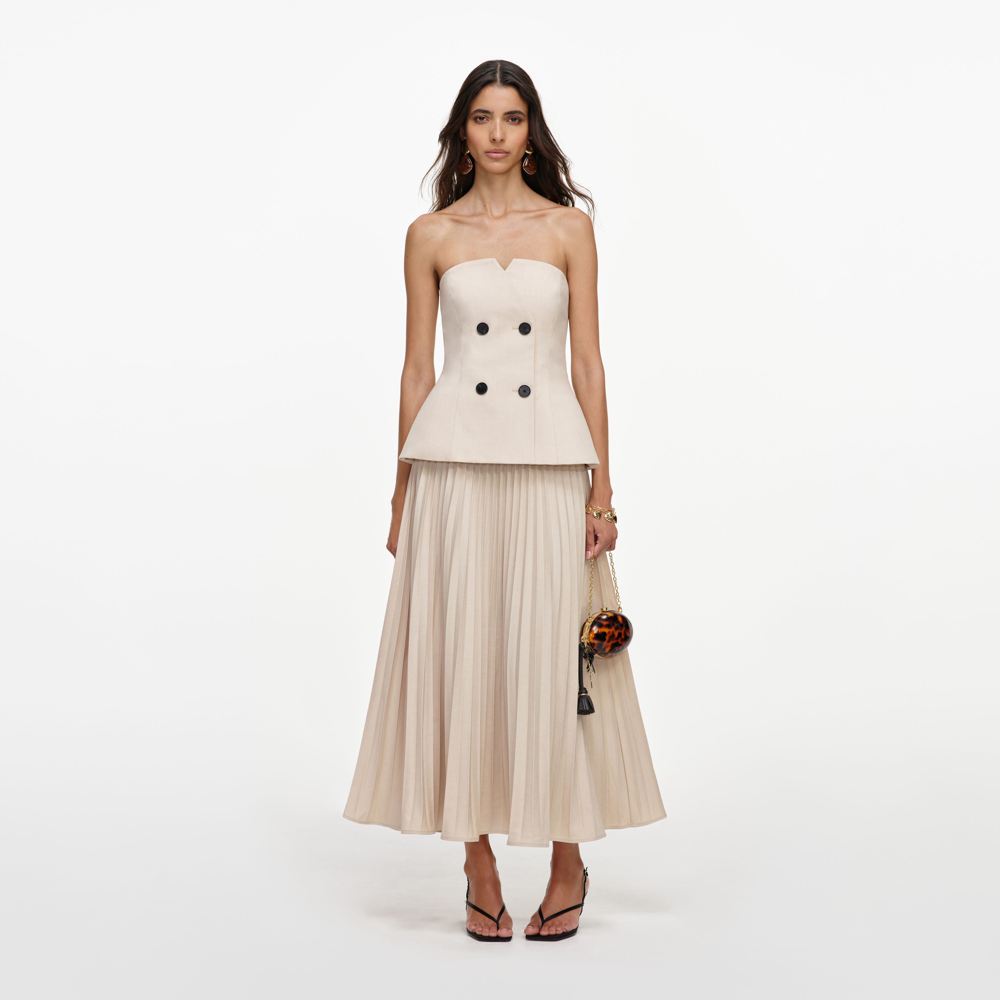Self Portrait Beige Bandeau Pleated Midi Dress