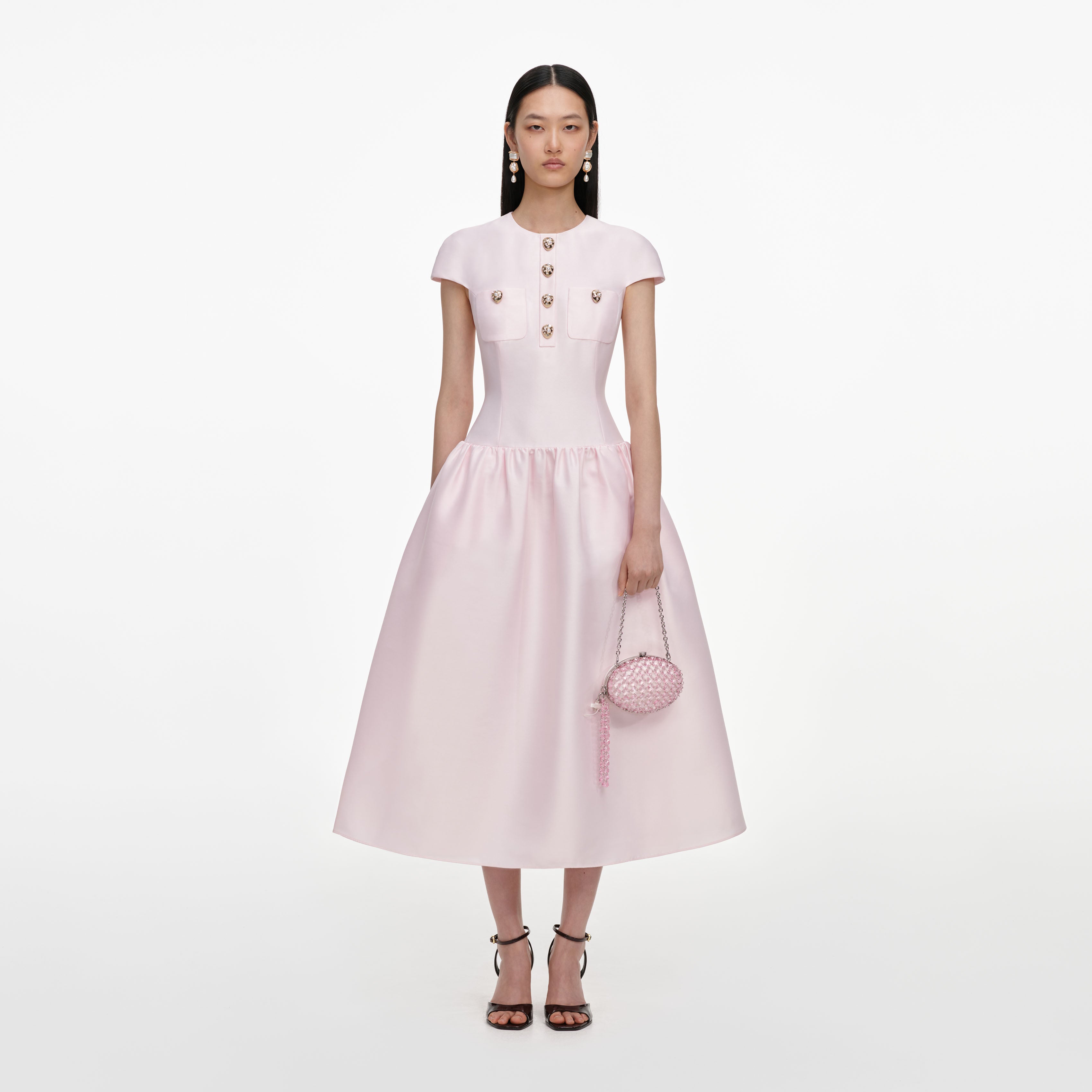 Self Portrait Pink Taffeta Buttoned Midi Dress