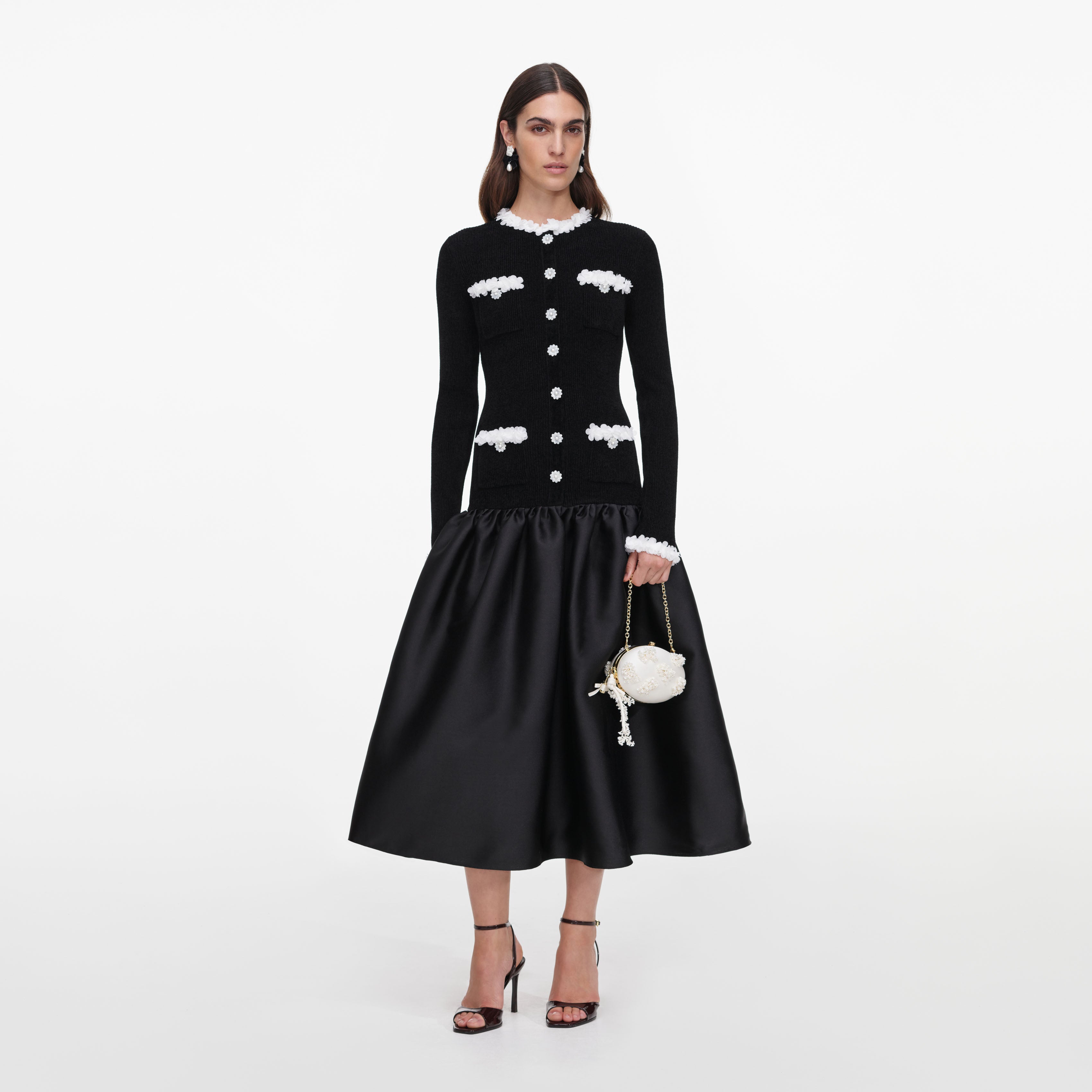 Self Portrait Black Chenille Taffeta Midi Dress