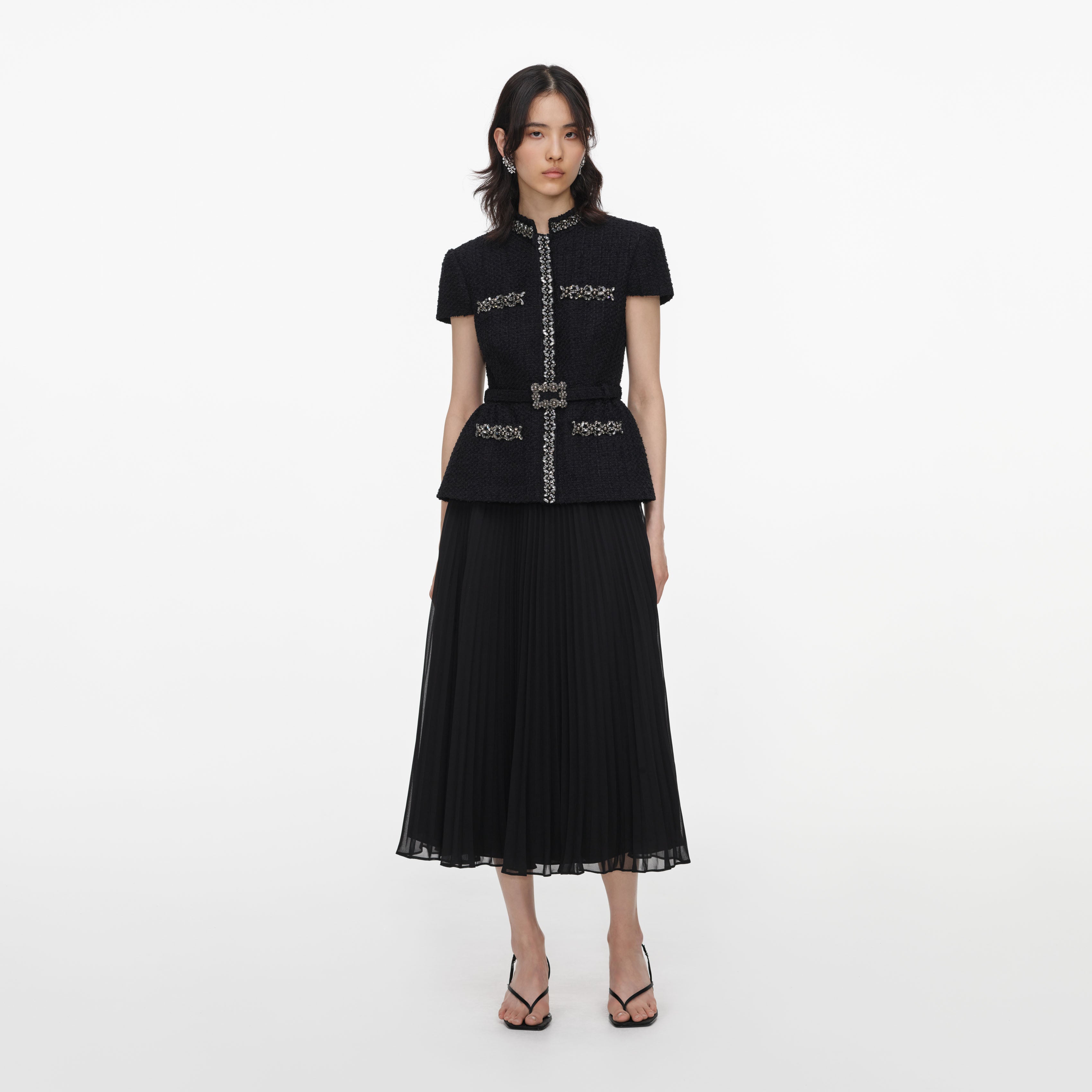 Self Portrait Black Boucle Crystal Trim Chiffon Midi Dress