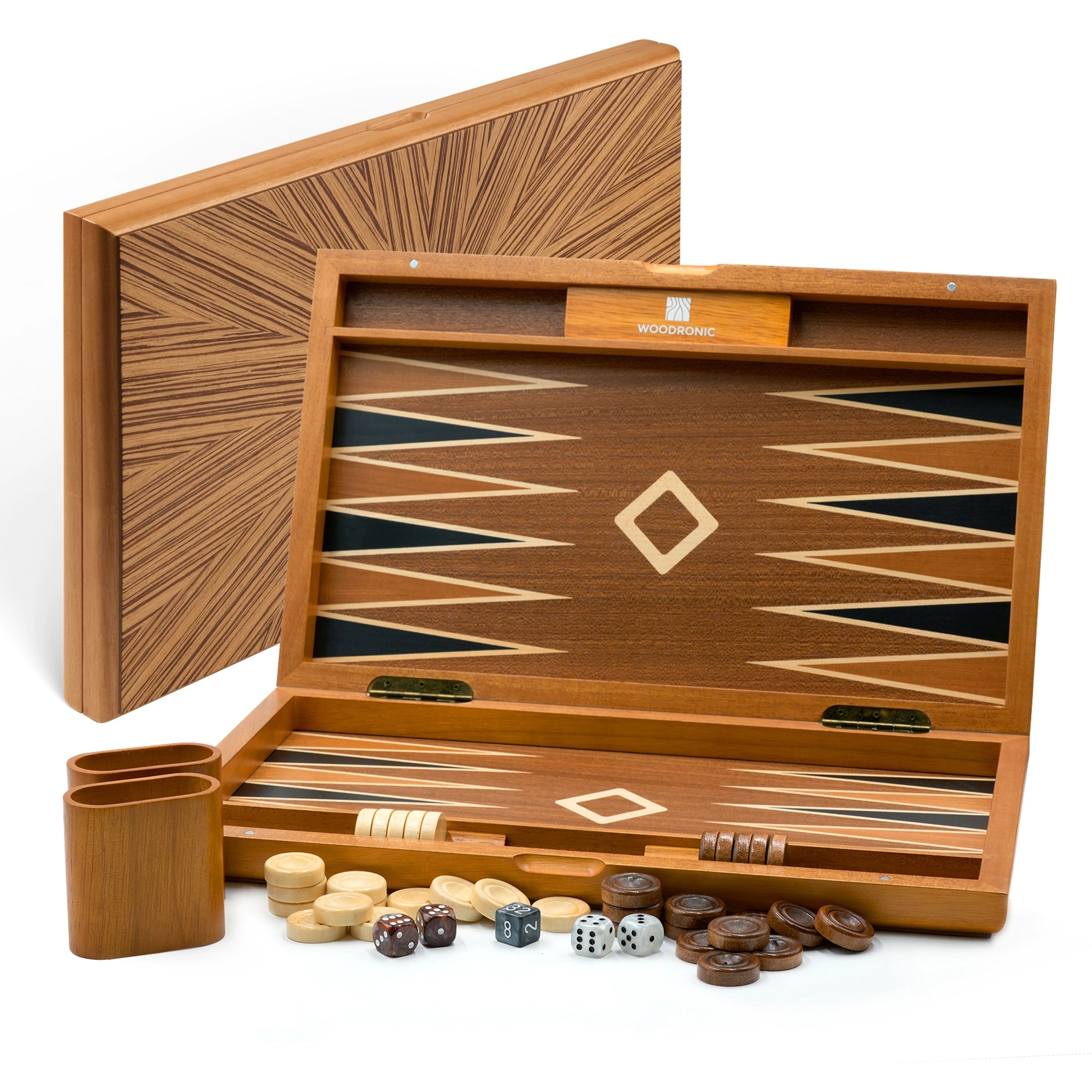 Woodronic WA-5047 | 15/17/19 Inch Wooden Backgammon Set with Solid Wood Pieces & Leather Dice Cups