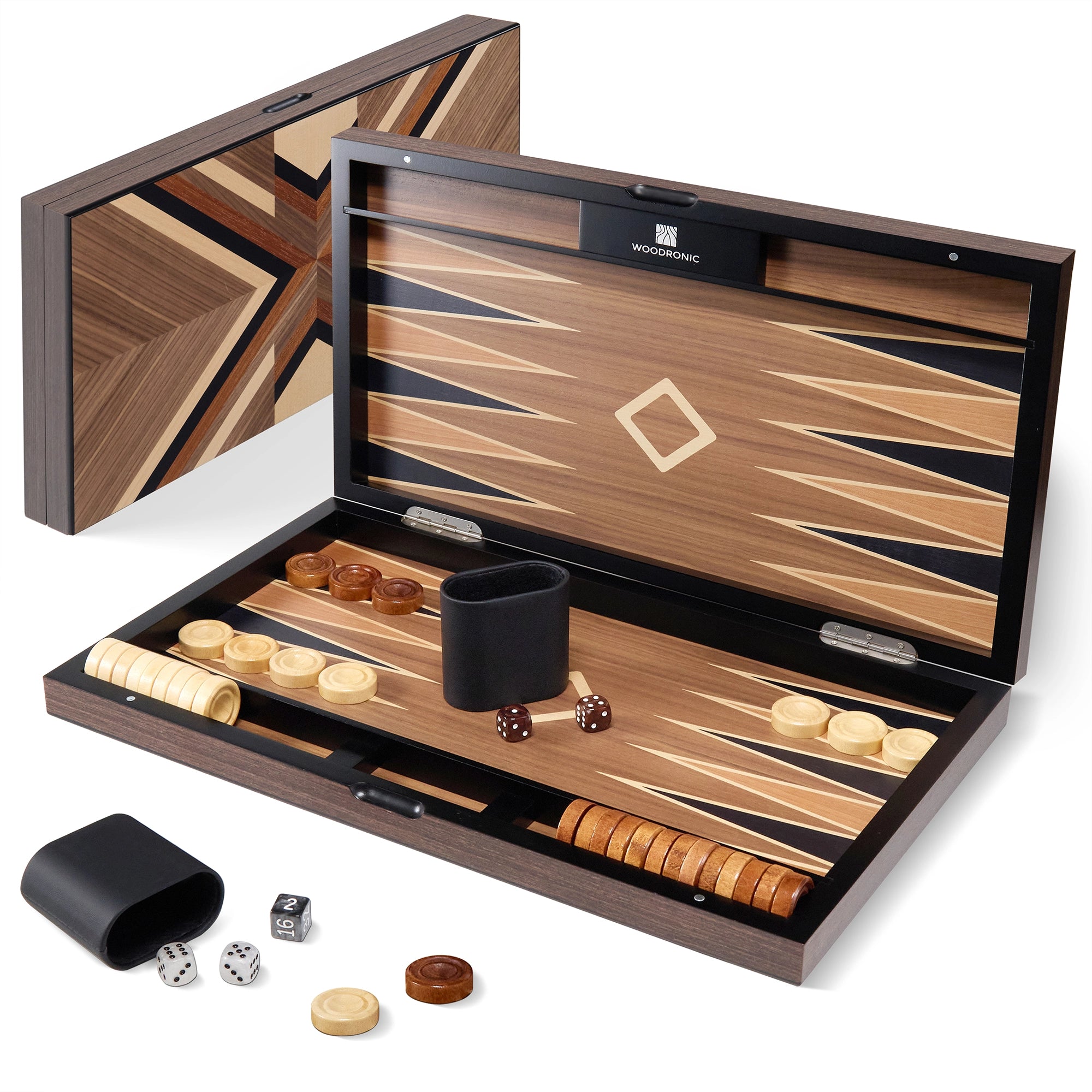 Woodronic WA-5040 | 15/17/19 Inch Wooden Backgammon Set with Solid Wood Pieces & Leather Dice Cups