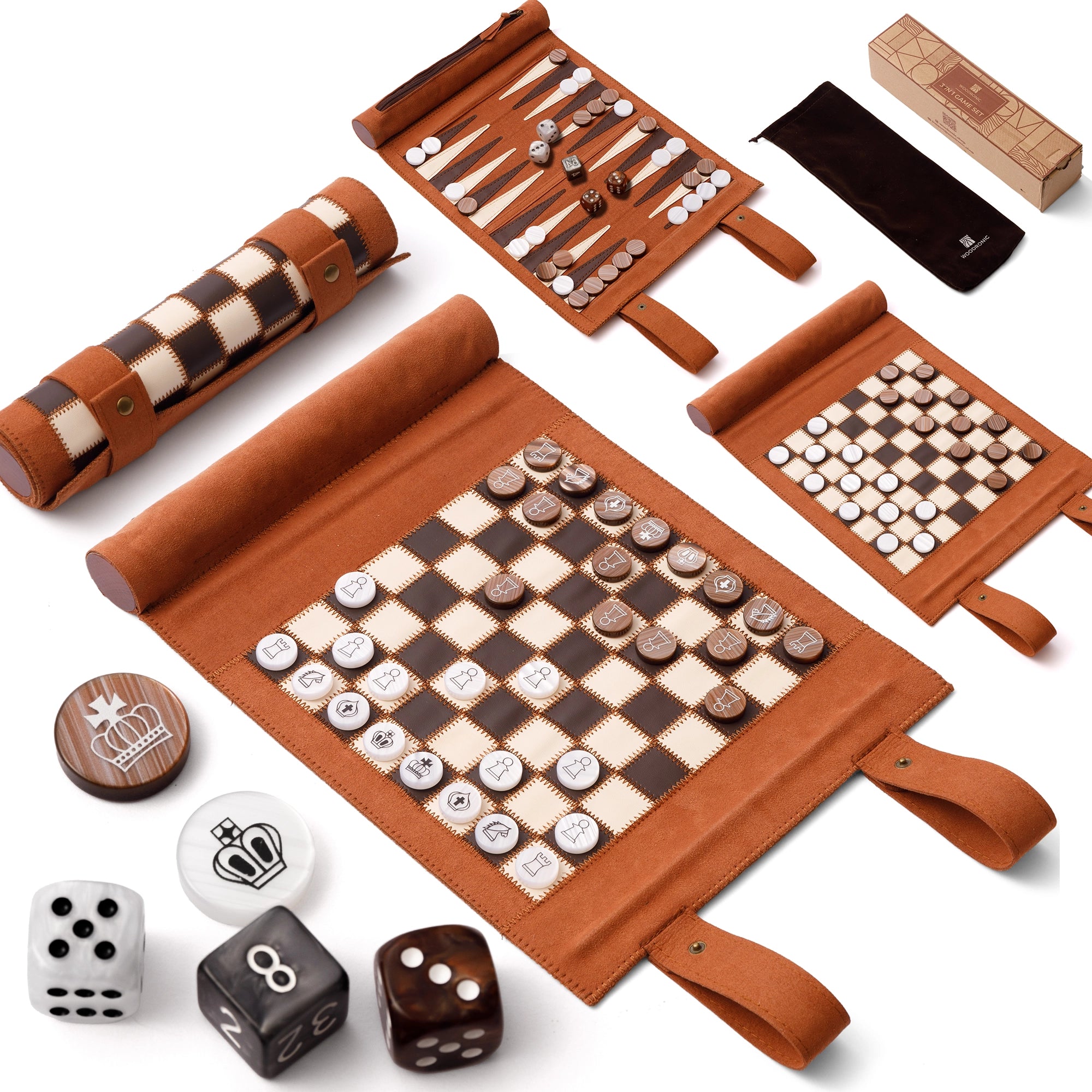 Woodronic WA-5039 | 14 Inch Roll-up Combo Game Set – Chess, Backgammon & Checkers with Solid Wood Pi