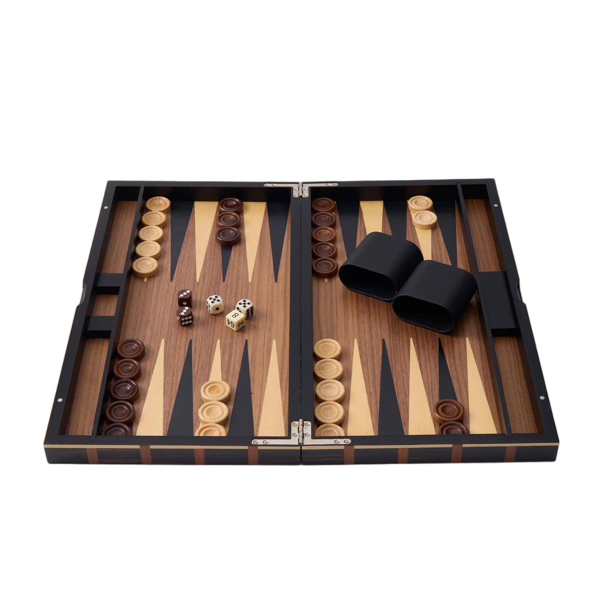 Woodronic WA-5096 | 18 Inch Lacquer Backgammon Set with Solid Wood Pieces & Leather Dice Cups