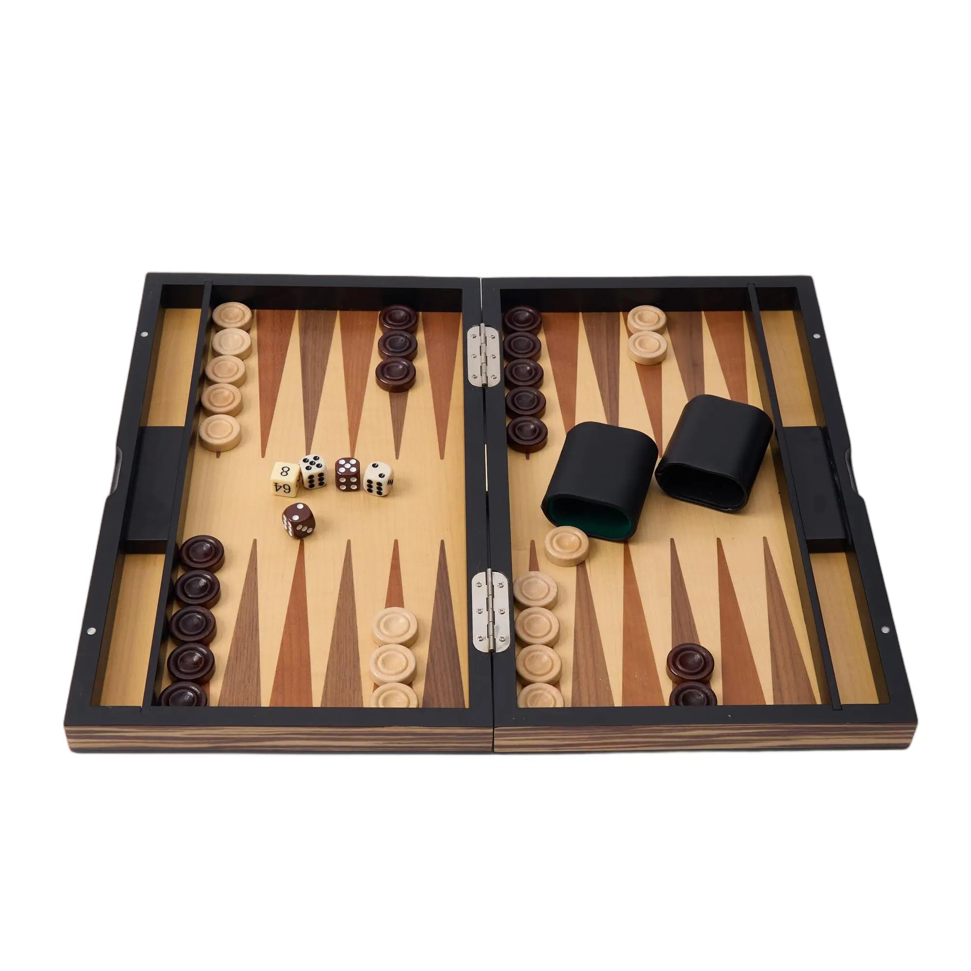 Woodronic WA-5095 | 15 Inch Wooden Backgammon Set with Solid Wood Pieces & Leather Dice Cups