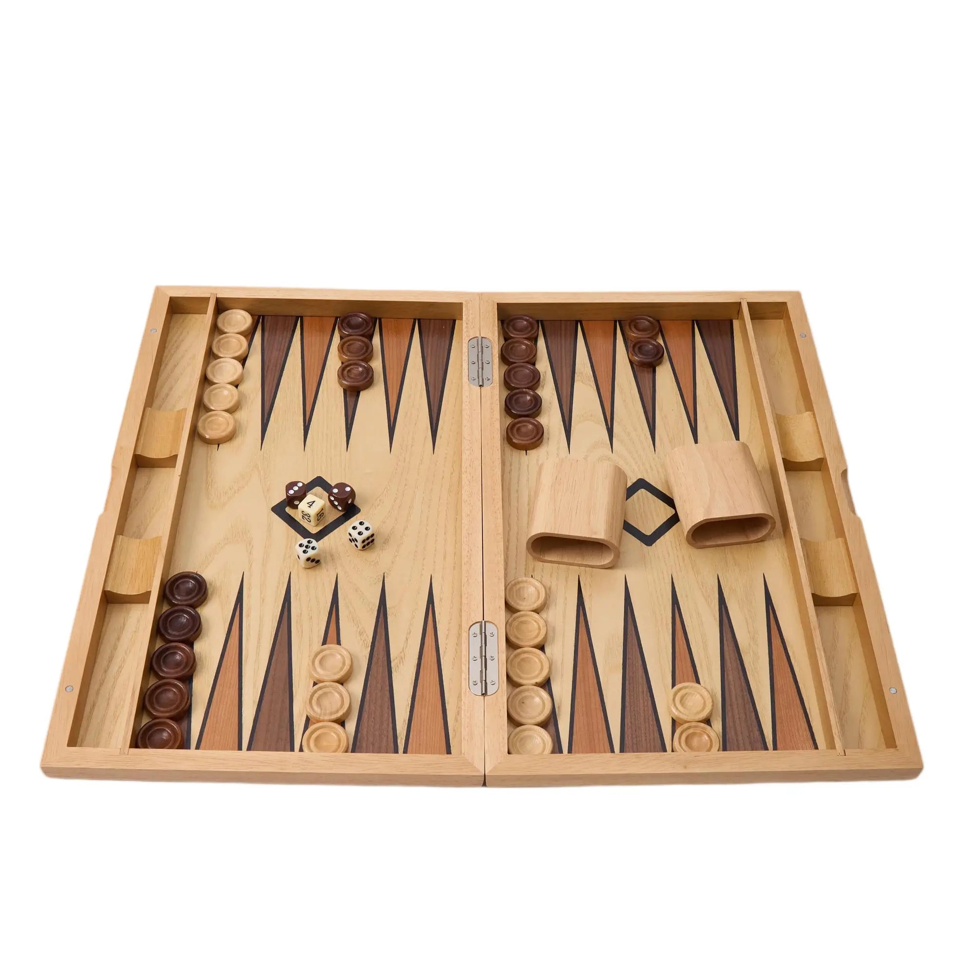 Woodronic WA-5094 | 15/19 Inch Burlwood Backgammon Set with Solid Wood Pieces & Leather Dice Cups