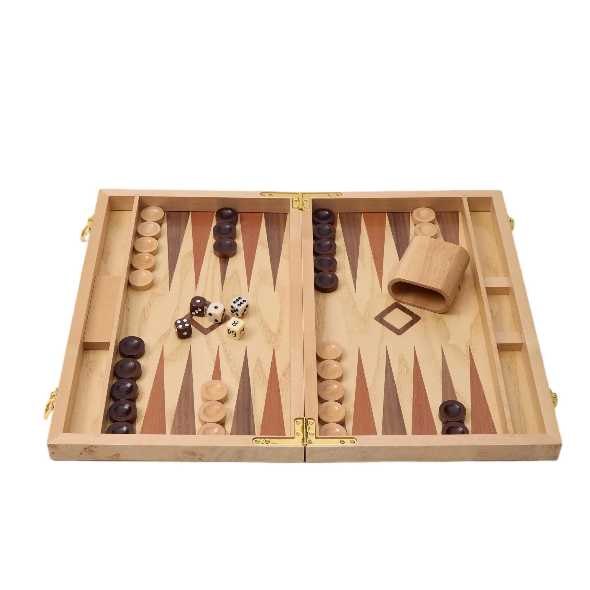 Woodronic WA-5091 | 15 Inch Burlwood Backgammon Set with Solid Wood Pieces & Leather Dice Cups