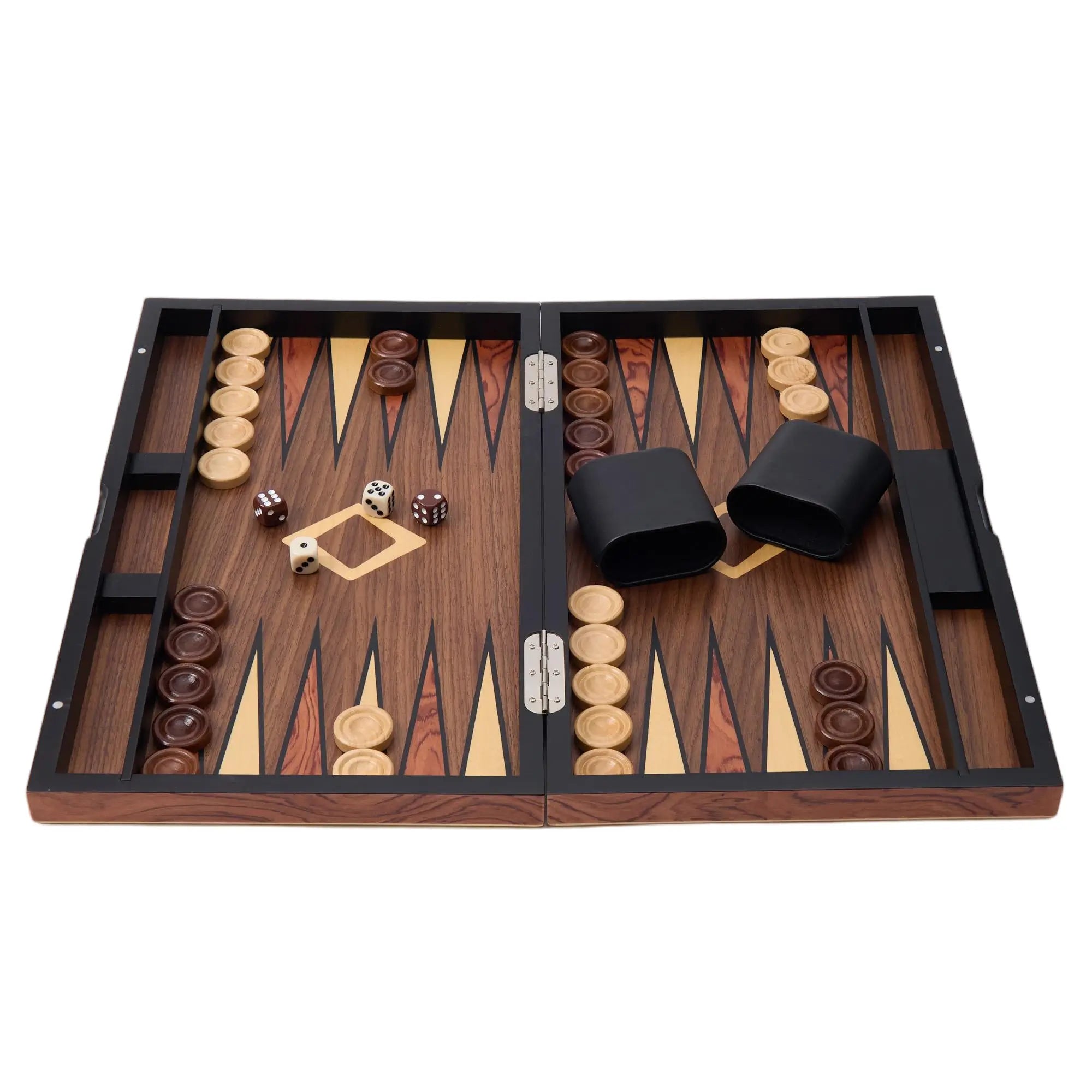 Woodronic WA-5083 | 17" Wooden Backgammon Set with Solid Wood Pieces & Leather Dice Cups