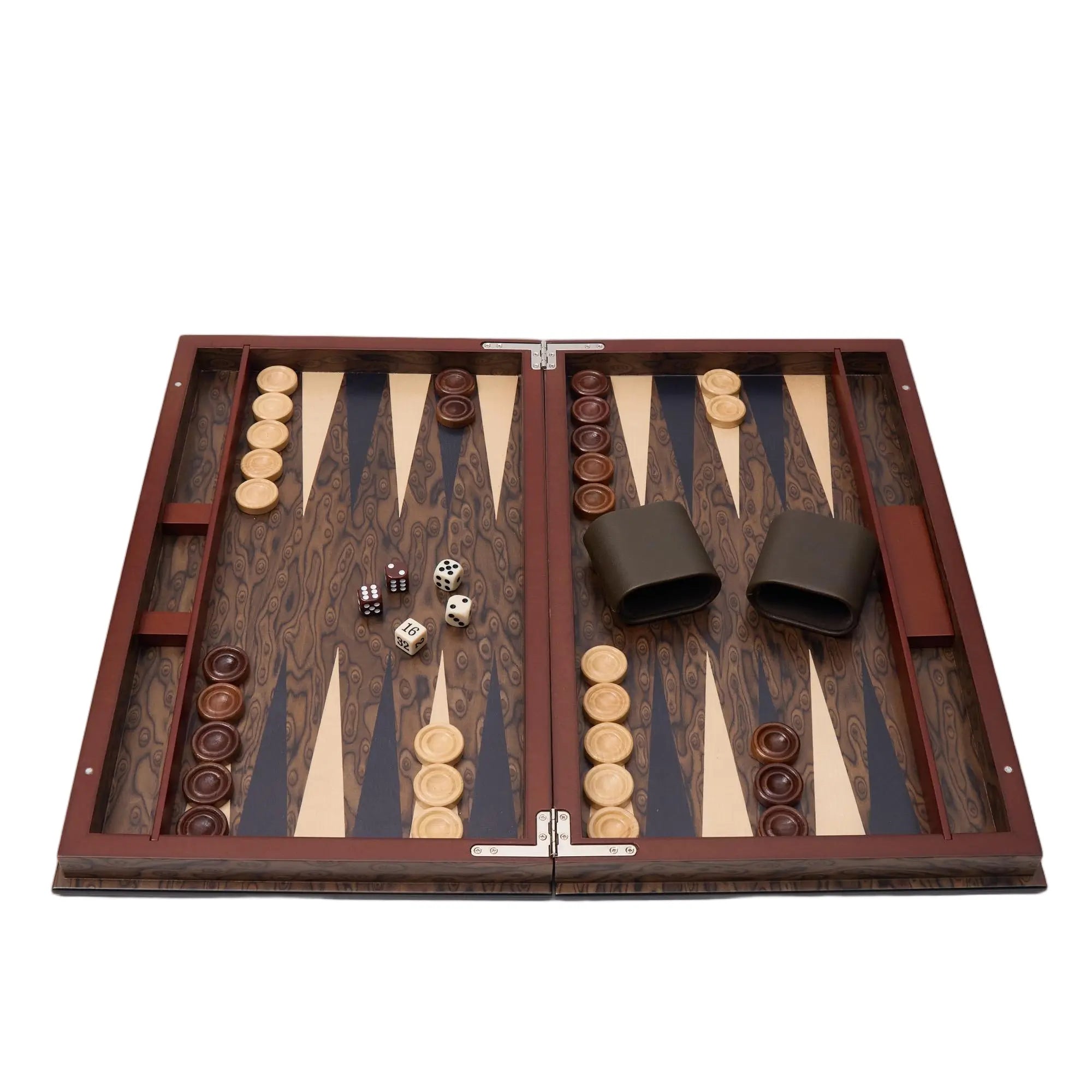 Woodronic WA-5078 | 19" Brown Veneer w Inlay Design Backgammon Set with Solid Wood Pieces & Leather