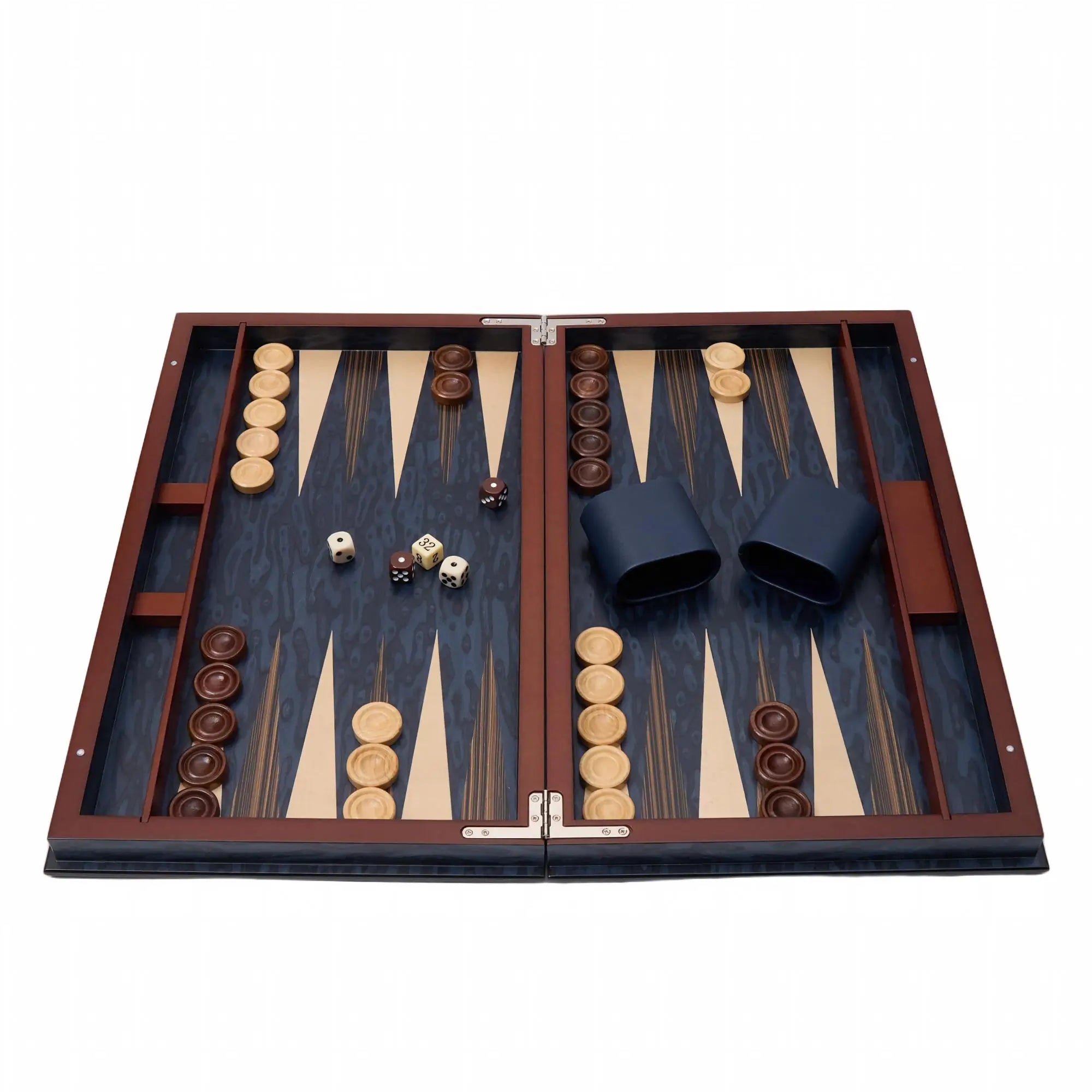 Woodronic WA-5077 | 19" Blue Veneer w Inlay Design Backgammon Set with Solid Wood Pieces & Leather D