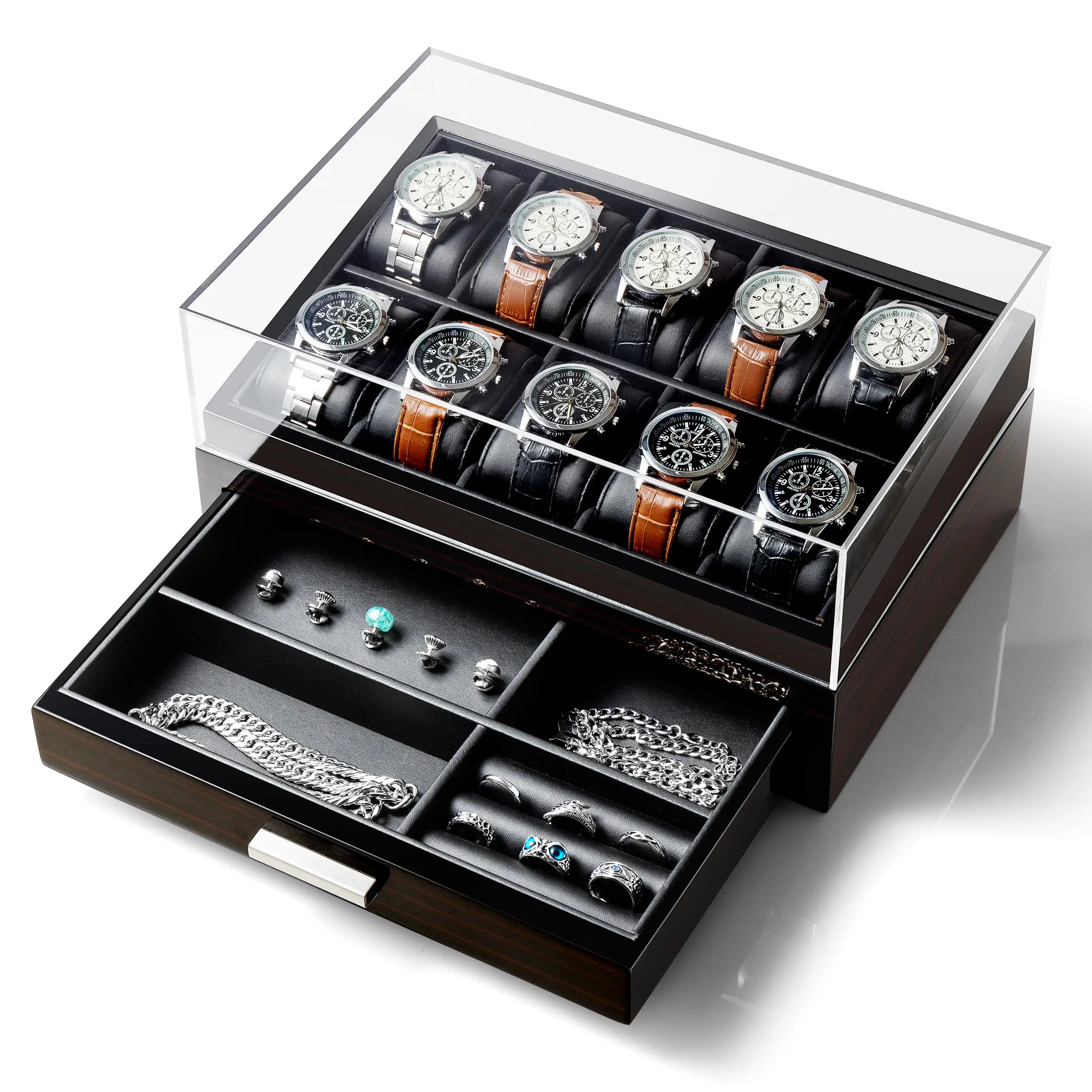 Woodronic 10-Slot Solid Wood Watch Box with Glass Top & Drawer