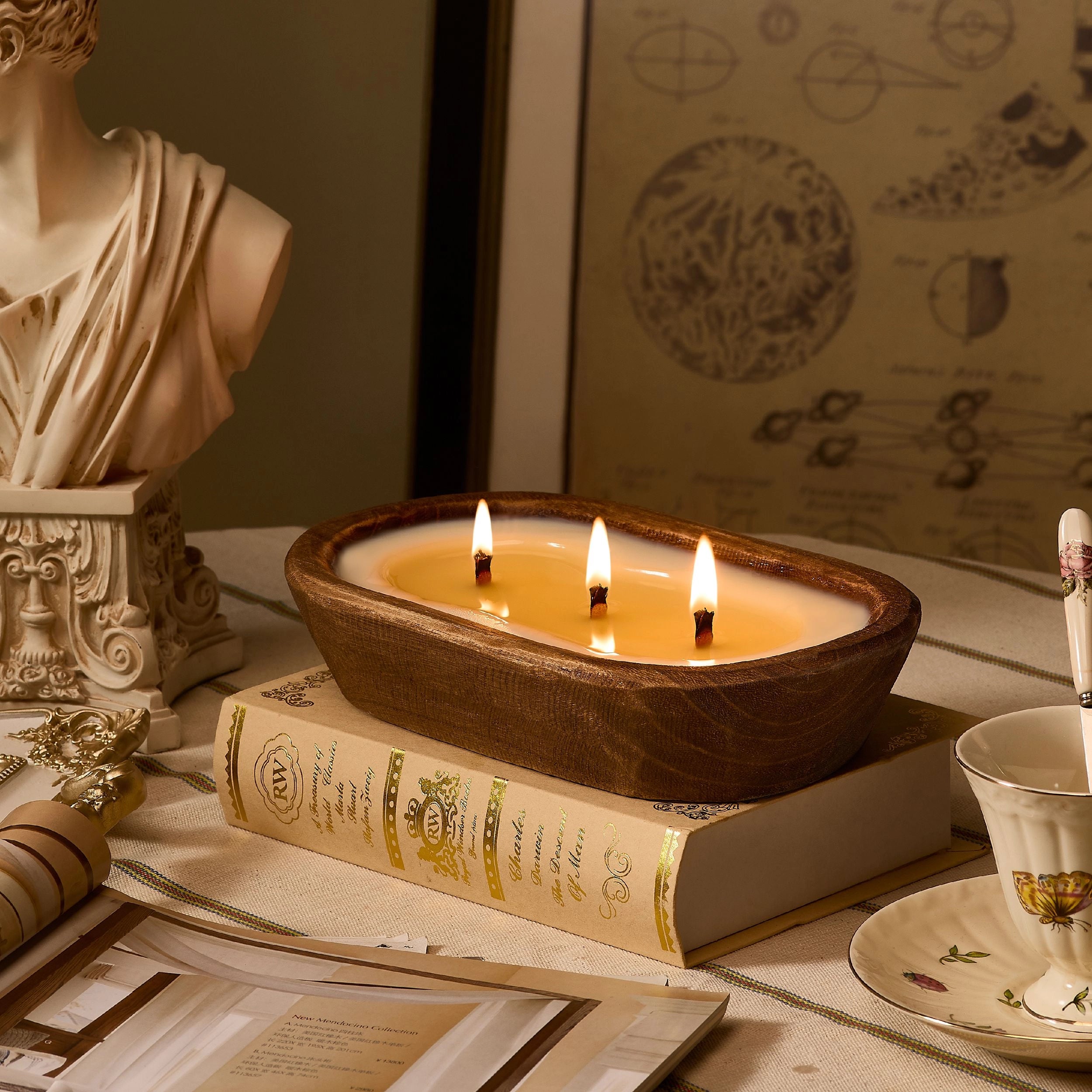Woodronic Handmade Wooden Dough Bowl Soy Candle with 3 Wood Wicks