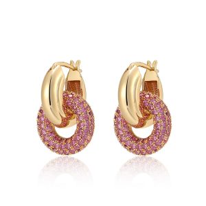 Luv AJ Pave Interlock Hoops- Pink- Gold