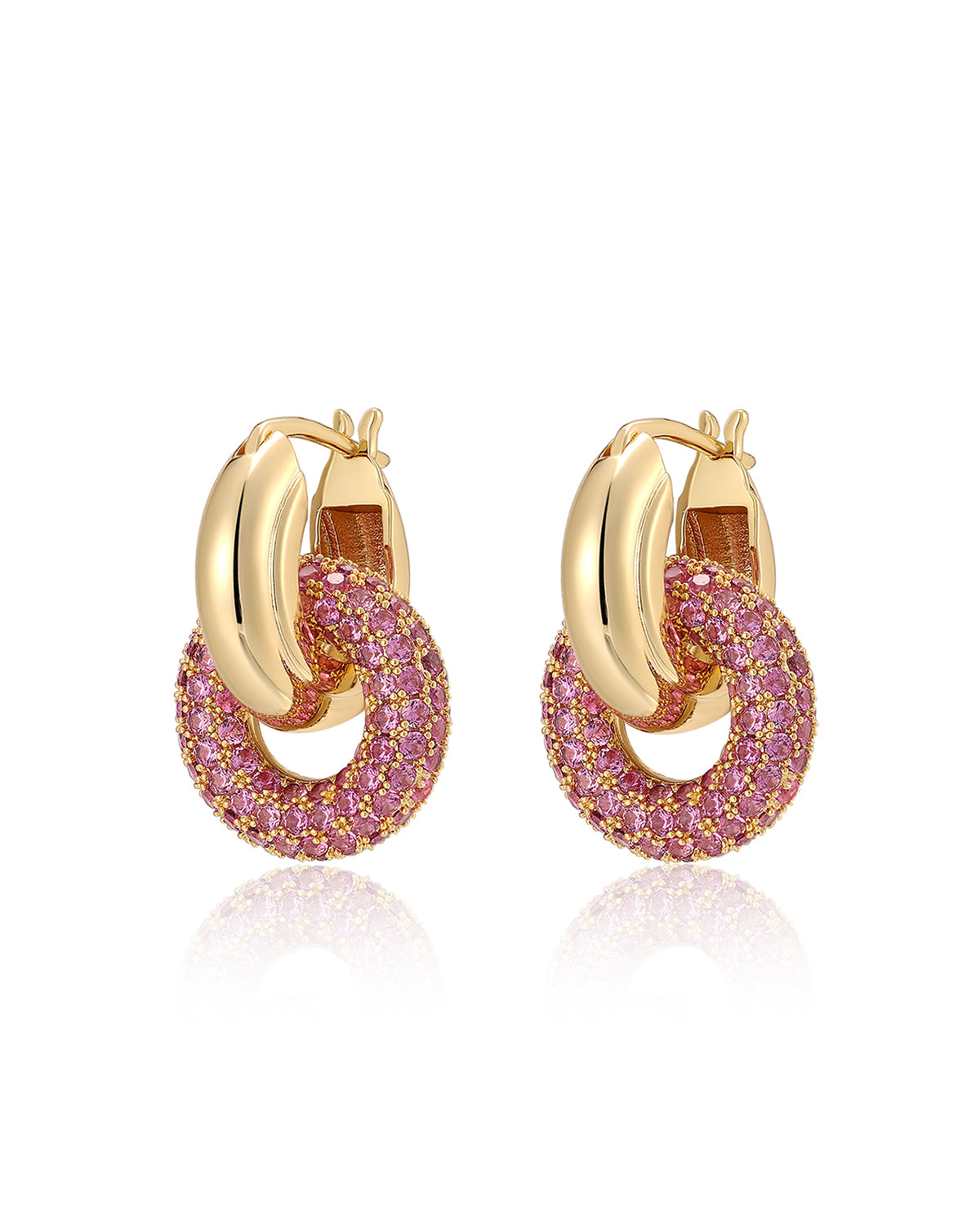Luv AJ Pave Interlock Hoops- Pink- Gold