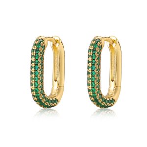Luv AJ Pave Chain Link Huggies- Emerald Green- Gold
