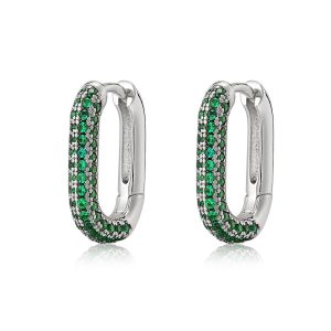 Luv AJ Pave Chain Link Huggies- Emerald Green- Silver