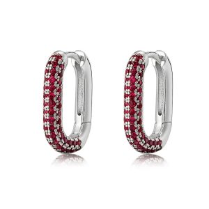 Luv AJ Pave Chain Link Huggies- Ruby Red- Silver