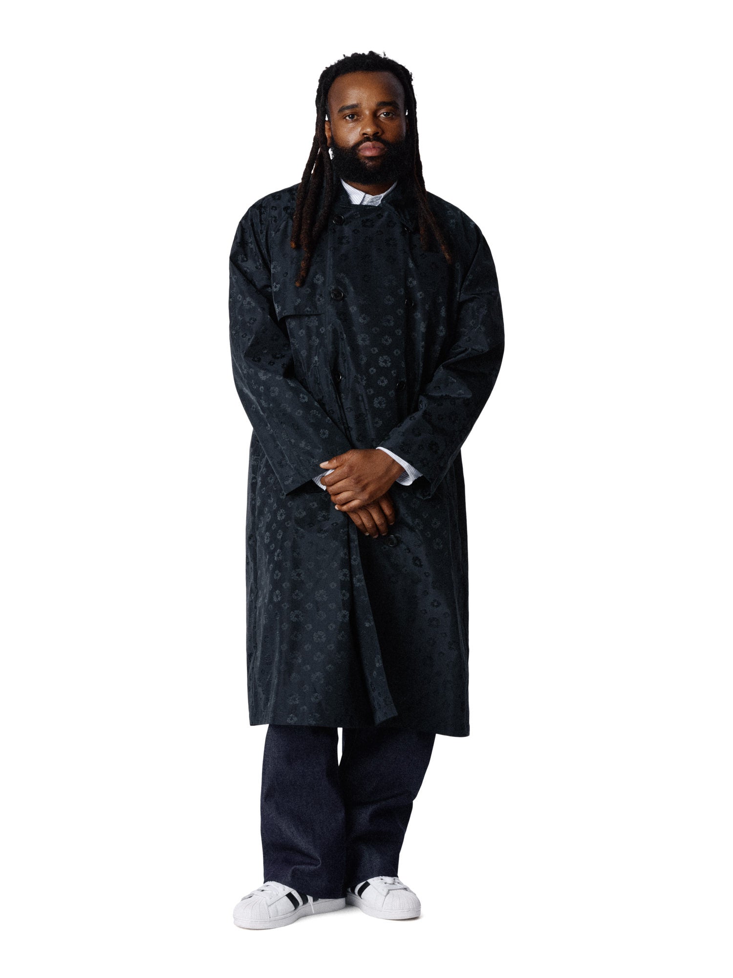 Denim Tears André Leon Talley Wreath Monogram Trench Coat Black