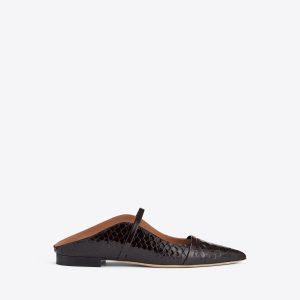 Malone Souliers Maureen Dark Brown Embossed Leather Flat Mules