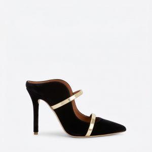 Malone Souliers Maureen 100 Black & Gold Velvet Stiletto Mule