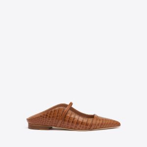 Malone Souliers Maureen Caramel Brown Croc-Embossed Leather Flat Mules