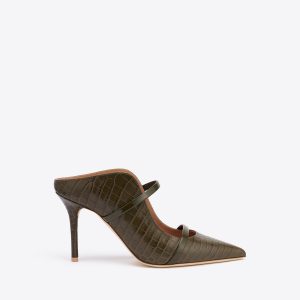 Malone Souliers Maureen 85 Dark Green Croc-Embossed Leather Mules