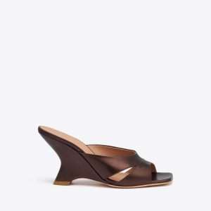 Malone Souliers Lourdes 85 Dark Brown Metallic Leather Wedge Sandals