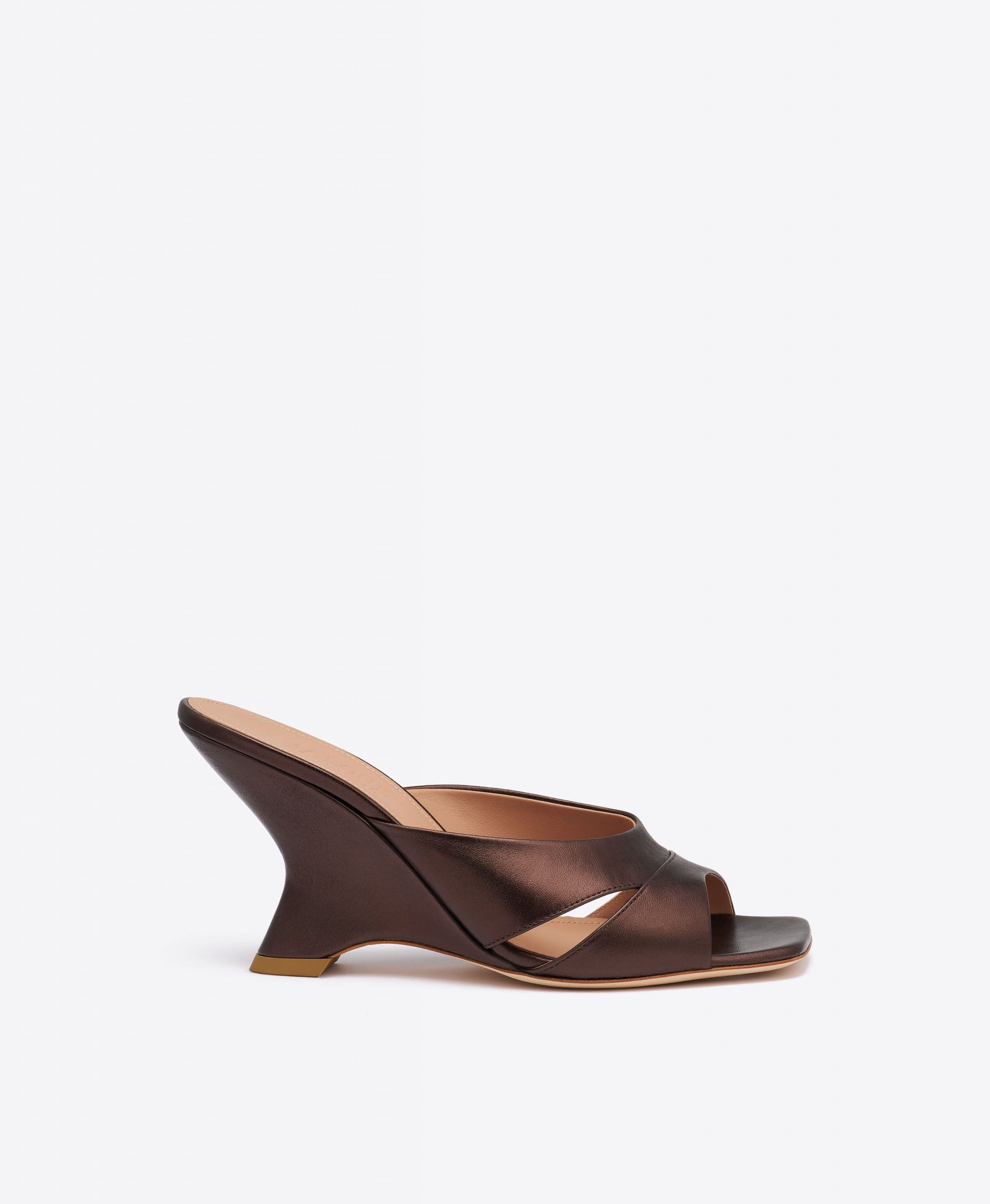 Malone Souliers Lourdes 85 Dark Brown Metallic Leather Wedge Sandals