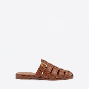 Malone Souliers Theresa Brown Croc-Embossed Leather Flat Mules
