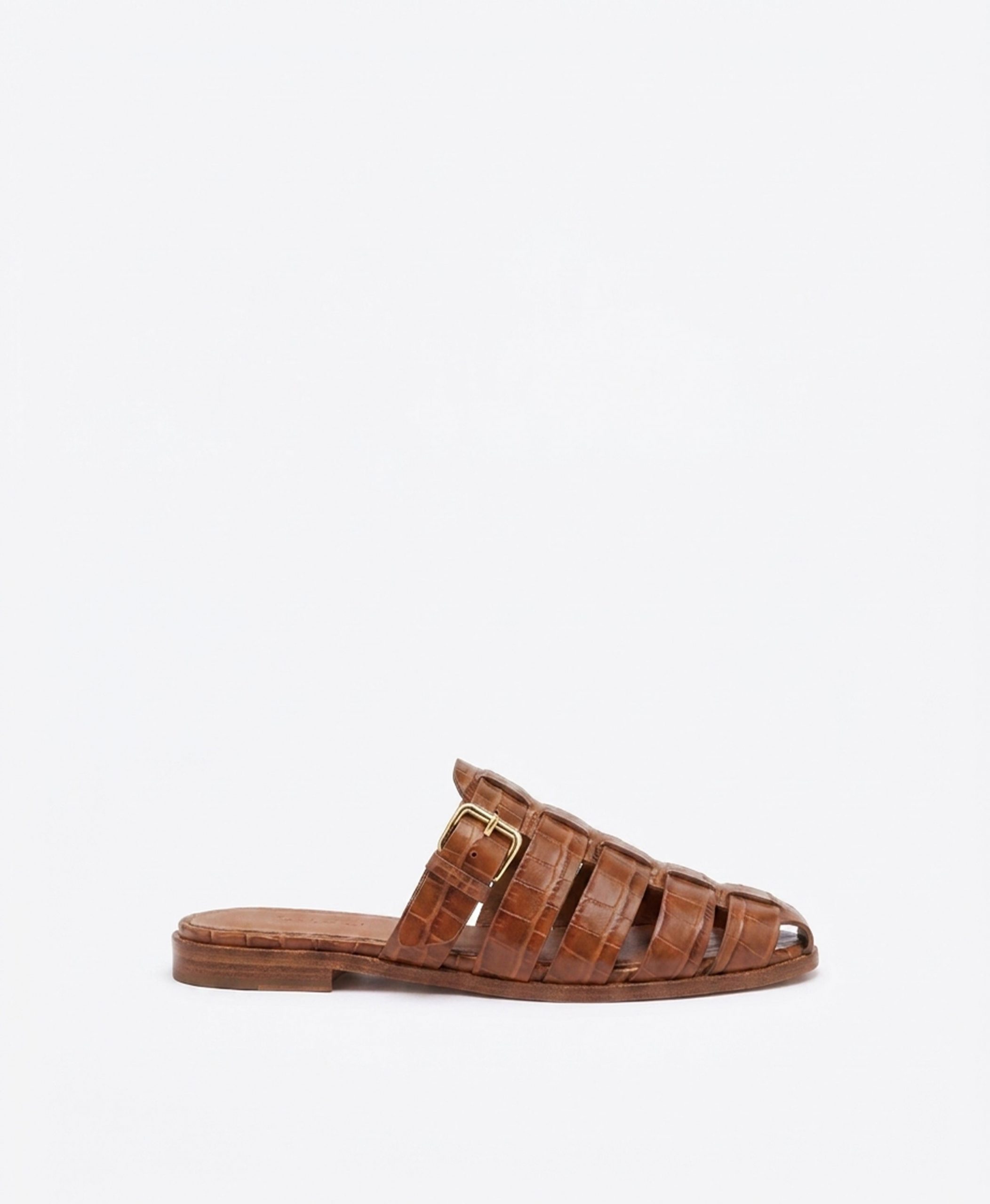 Malone Souliers Theresa Brown Croc-Embossed Leather Flat Mules