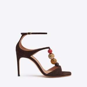 Malone Souliers Leia 90 Dark Brown Beaded Suede Sandals