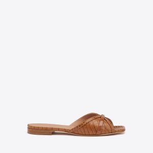 Malone Souliers Perla Caramel Brown Croc-Embossed Leather Flat Sandals