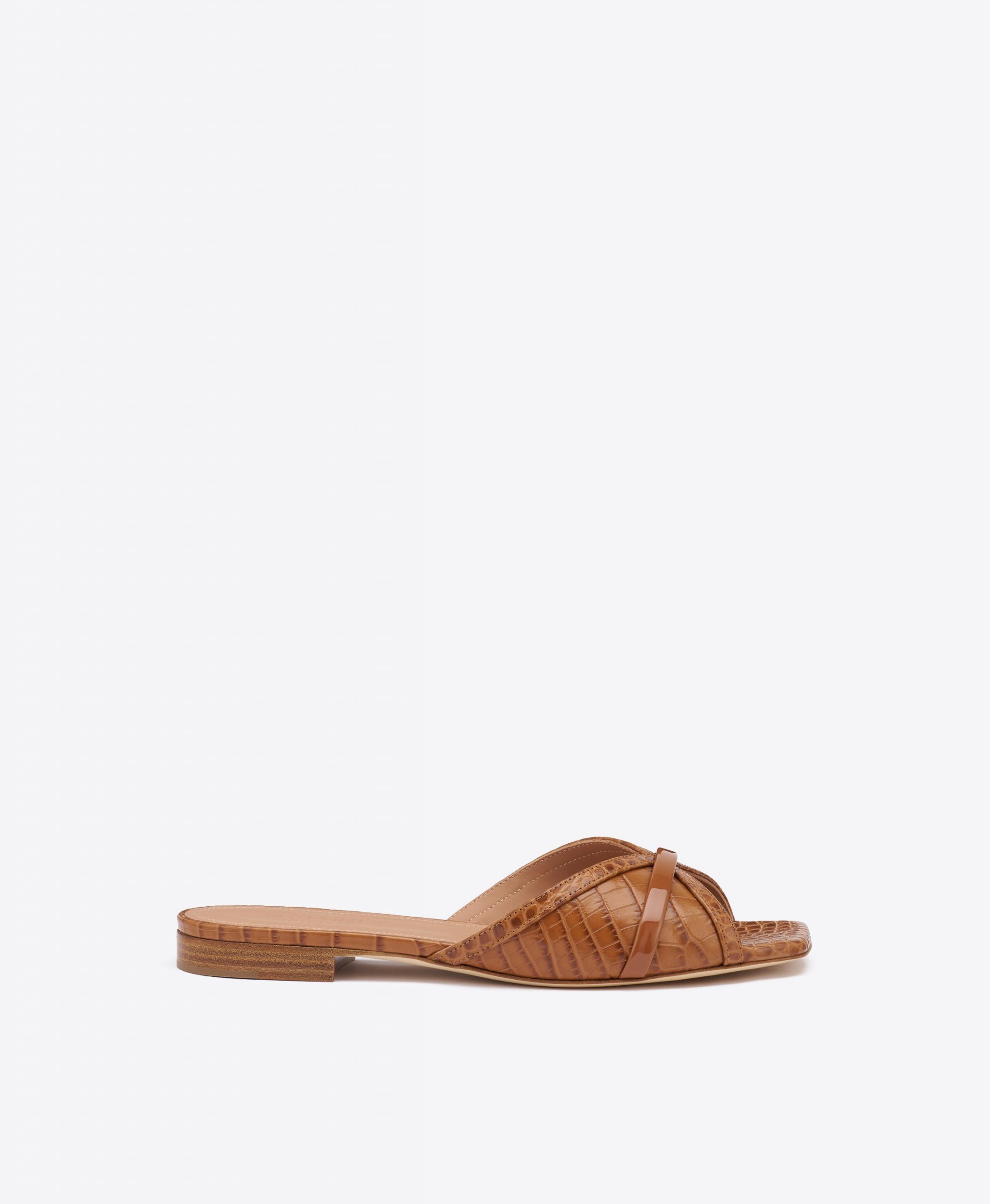 Malone Souliers Perla Caramel Brown Croc-Embossed Leather Flat Sandals