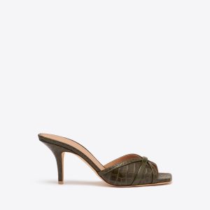 Malone Souliers Perla 70 Dark Green Croc-Embossed Leather Sandals