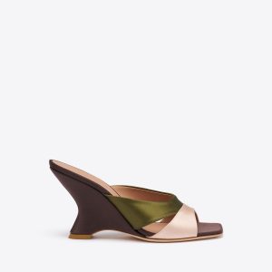 Malone Souliers Lourdes 85 Brown & Green Satin Wedge Sandals