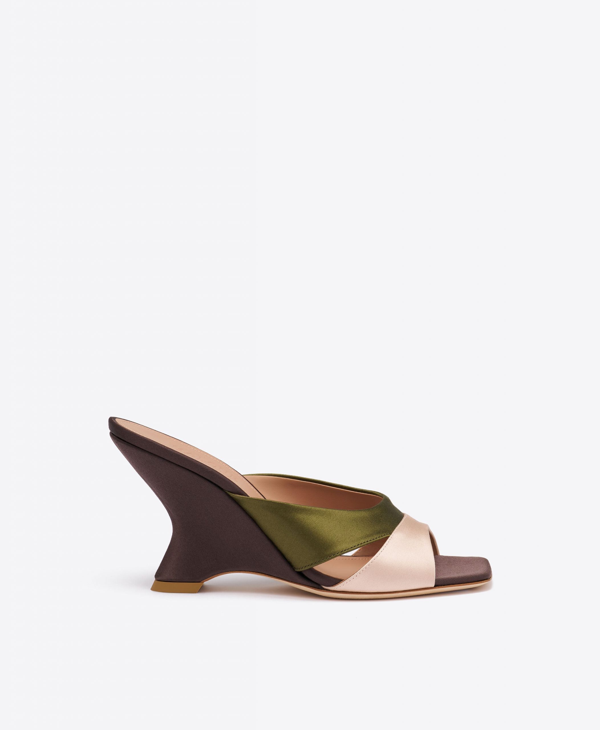 Malone Souliers Lourdes 85 Brown & Green Satin Wedge Sandals