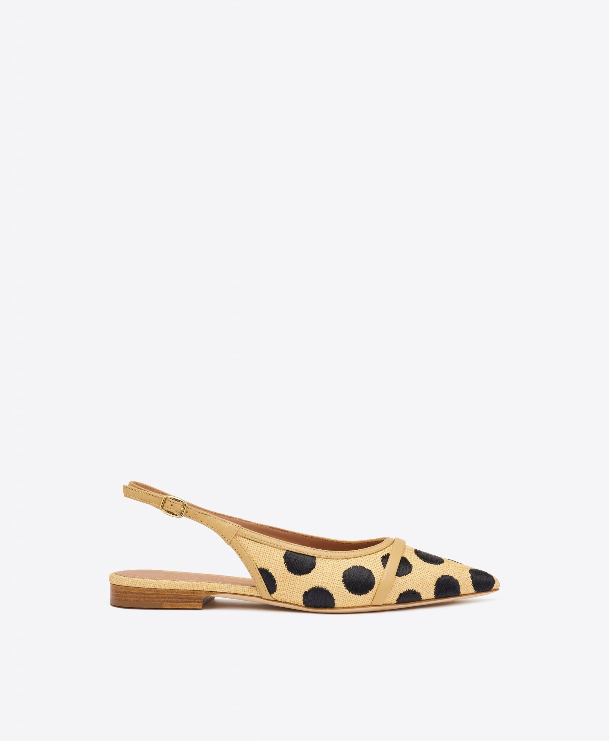 Malone Souliers Jama Beige Polka-Dot Raffia Flat Slingbacks