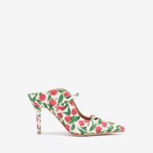 Malone Souliers Maureen 85 Red Tulip Print Canvas Heeled Mules
