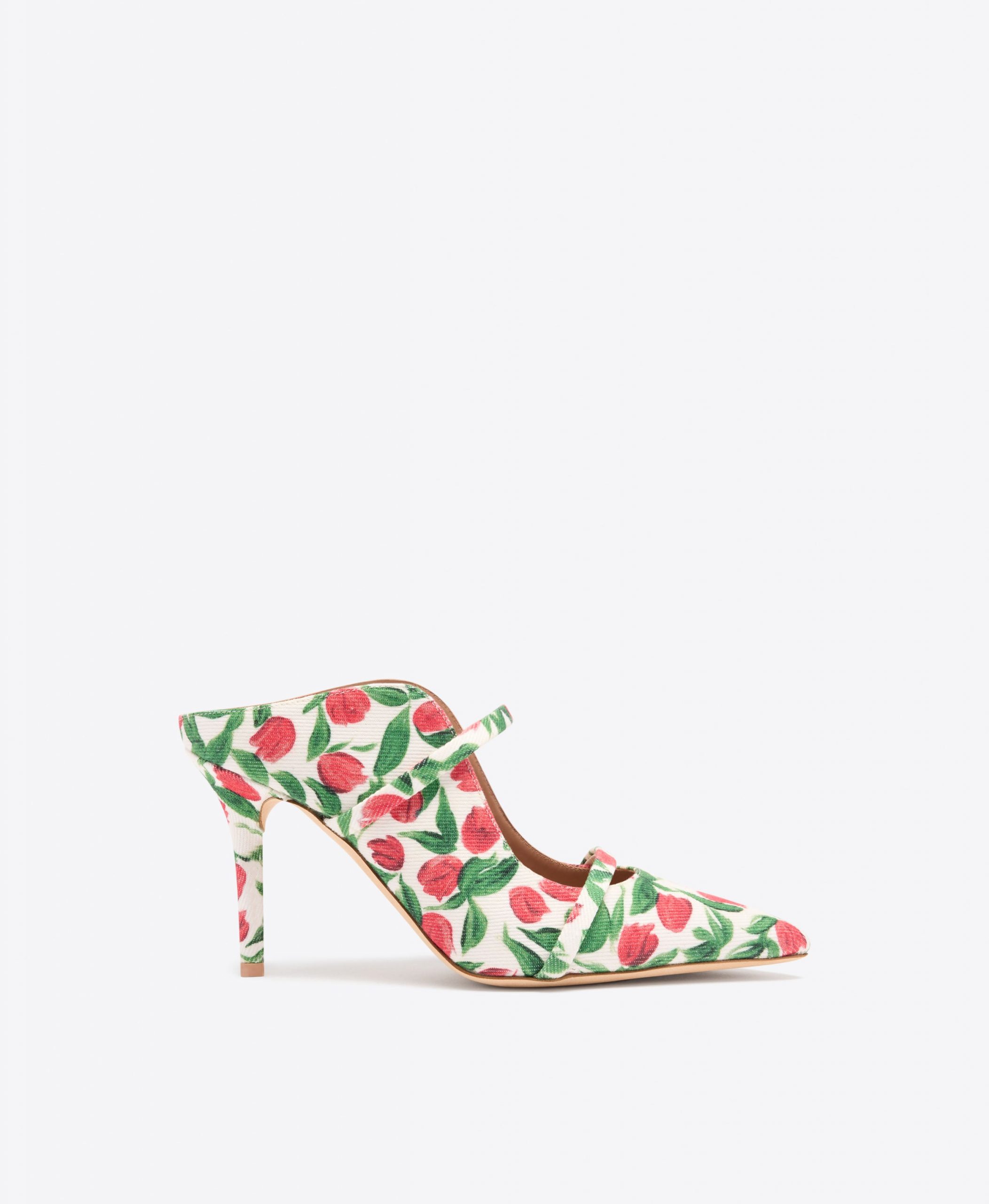 Malone Souliers Maureen 85 Red Tulip Print Canvas Heeled Mules