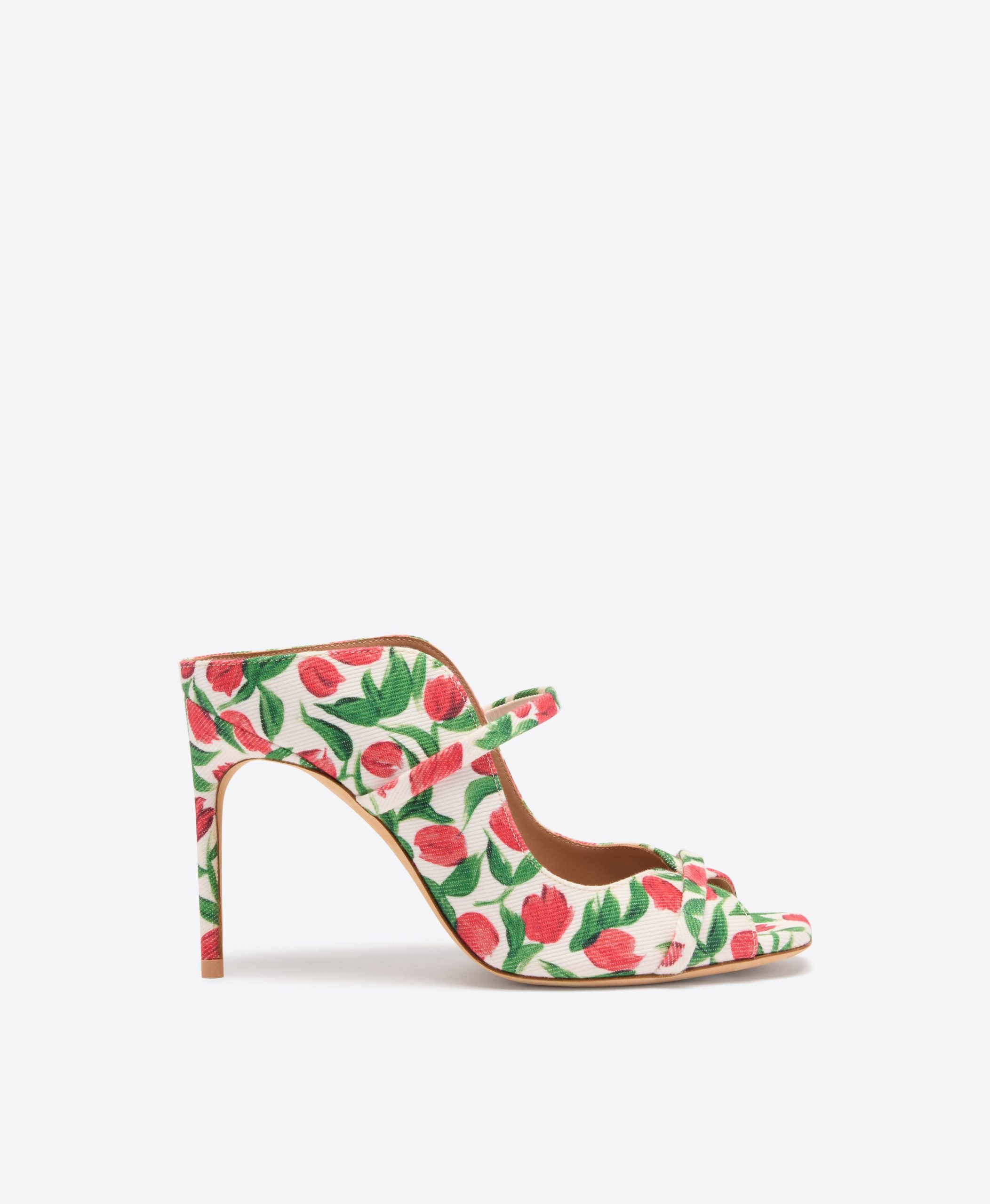 Malone Souliers Noah 90 Red Tulip Print Canvas Heeled Sandals
